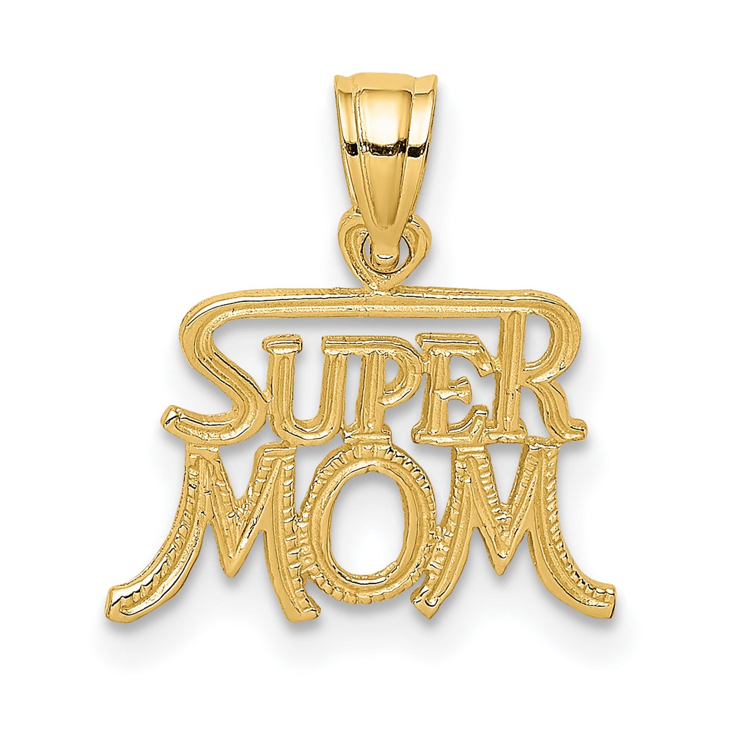 14k Yellow Gold Super Mom Pendant, Bold Lettering, Motherhood and Strength Theme for Women