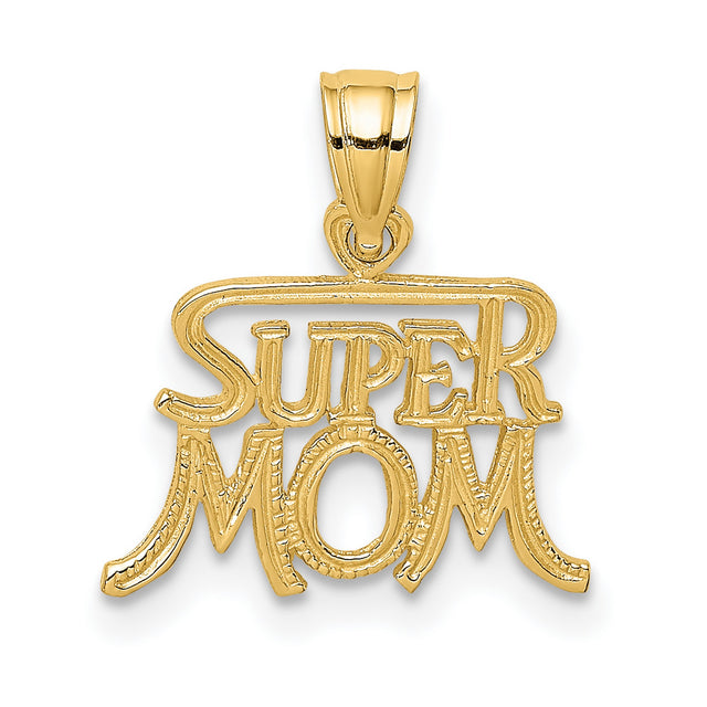 14k Yellow Gold Super Mom Pendant, Bold Lettering, Motherhood and Strength Theme for Women