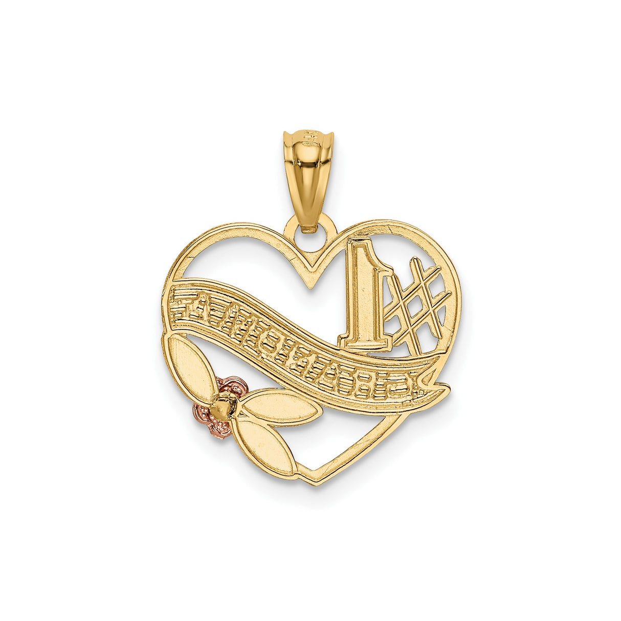 14k Two-Tone Gold Heart Pendant with Number One Grandma, Rose Flower and Leaf Detail