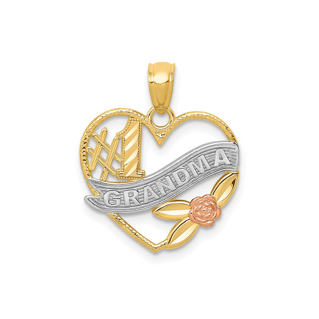 14k Two-Tone Gold Heart Pendant with Number One Grandma, Rose Flower and Leaf Detail