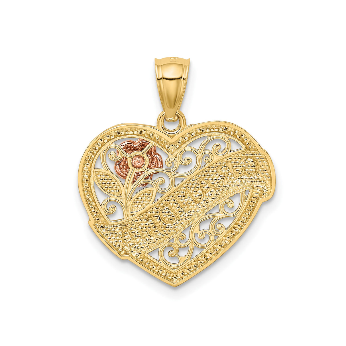 14k Two-Tone Gold Grandma Heart Pendant with Filigree and Rose Detail