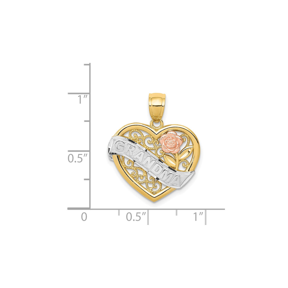 14k Two-Tone Gold Grandma Heart Pendant with Filigree and Rose Detail