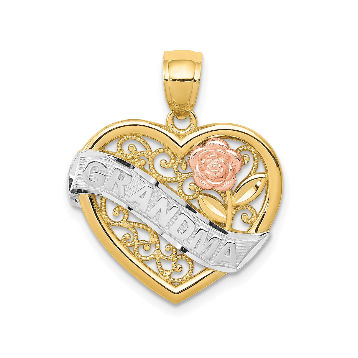 14k Two-Tone Gold Grandma Heart Pendant with Filigree and Rose Detail