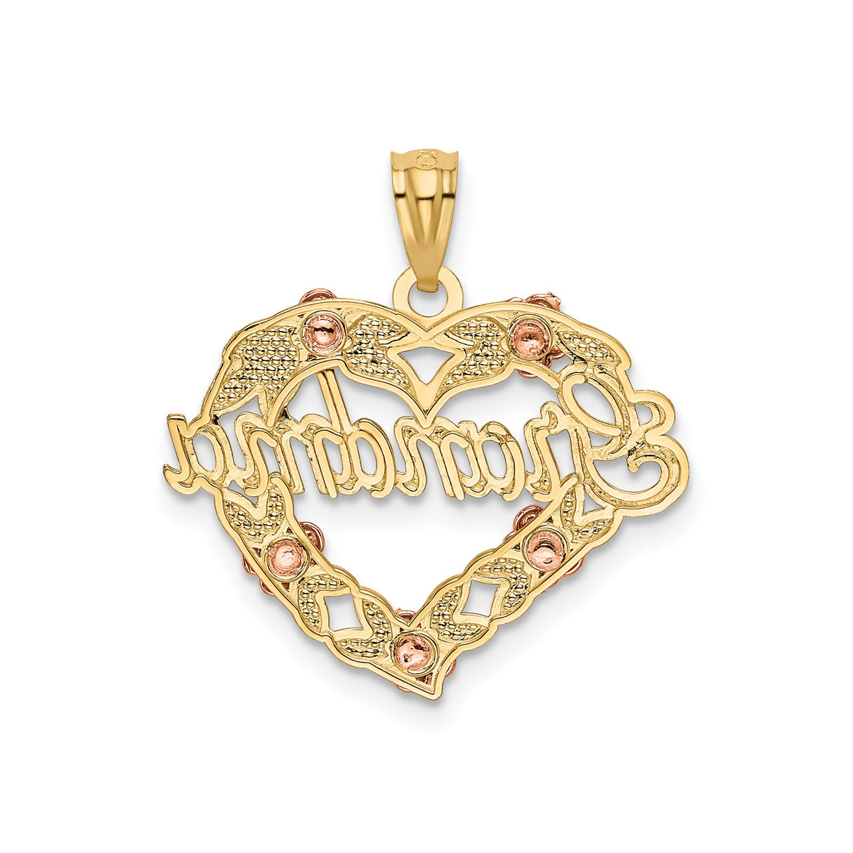 14k Tri-Color Gold Heart Pendant with Grandma Script, Leaves and Flowers
