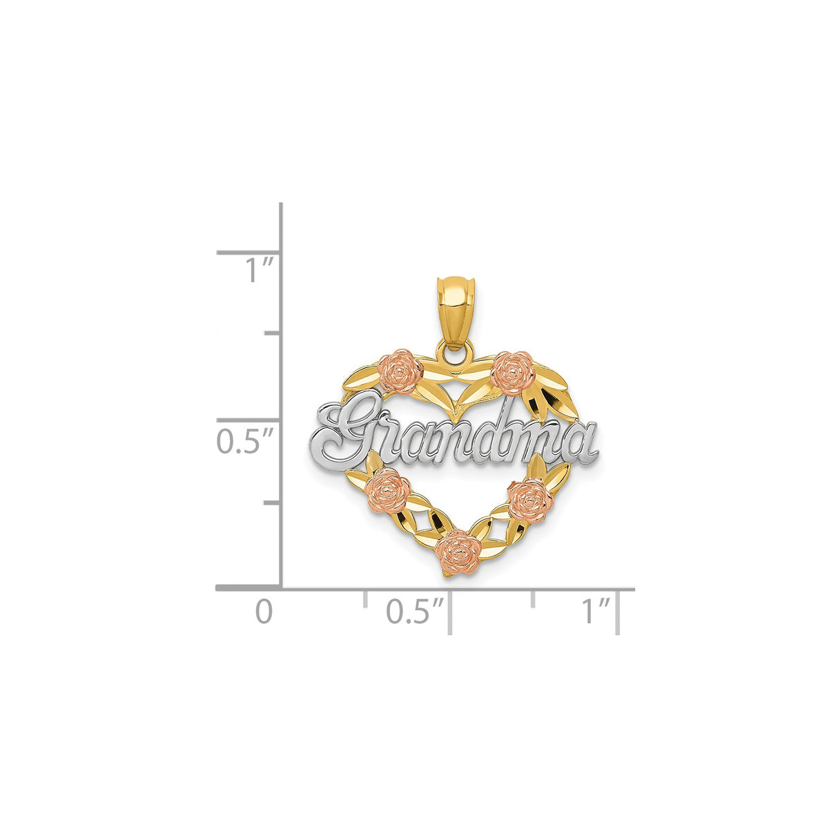 14k Tri-Color Gold Heart Pendant with Grandma Script, Leaves and Flowers