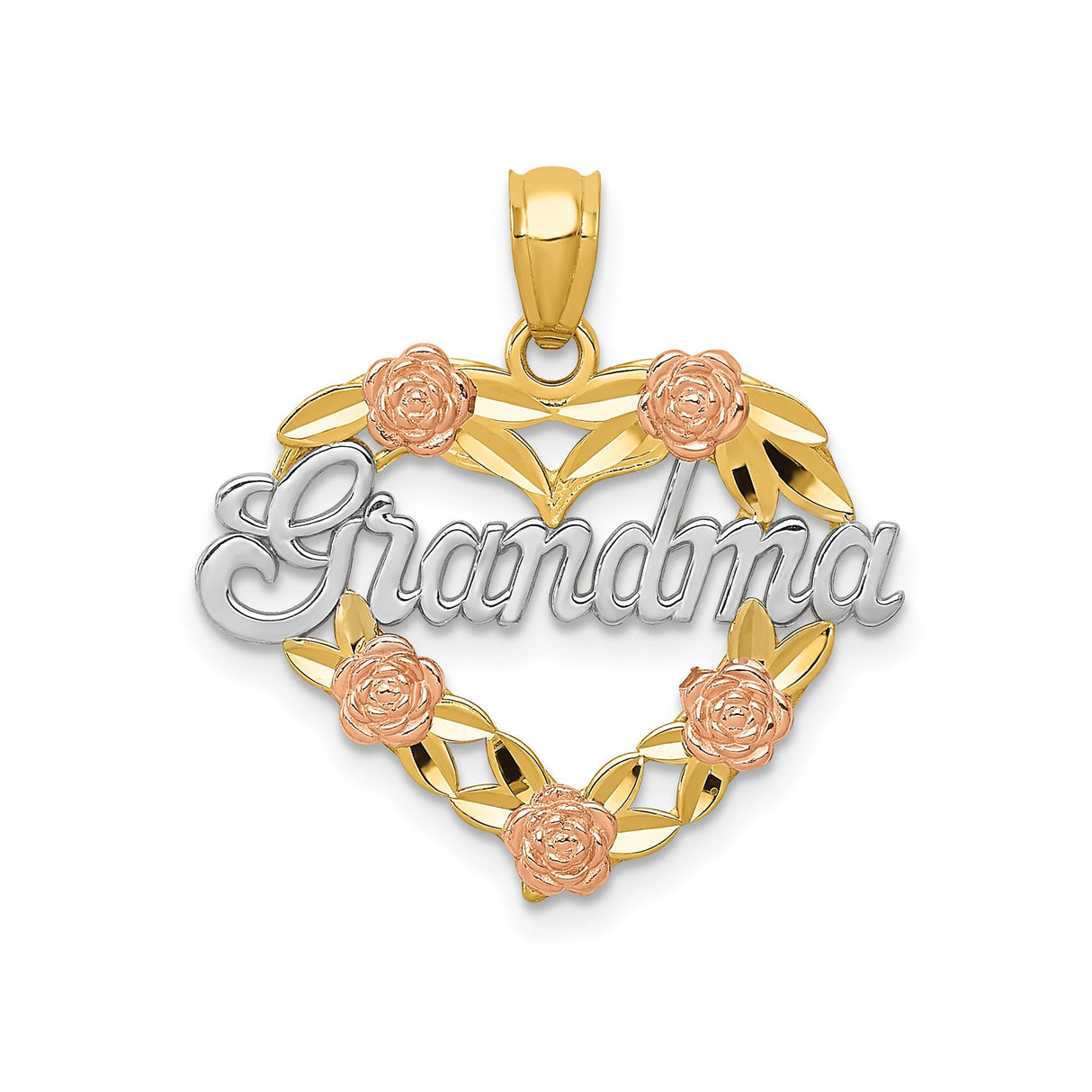 14k Tri-Color Gold Heart Pendant with Grandma Script, Leaves and Flowers