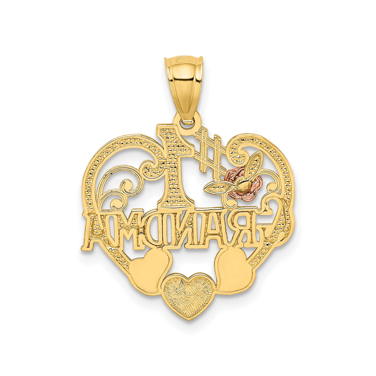 14k Two-Tone Gold Heart Pendant with Textured Accents, Rose Detail, and #1 Grandma Inscription