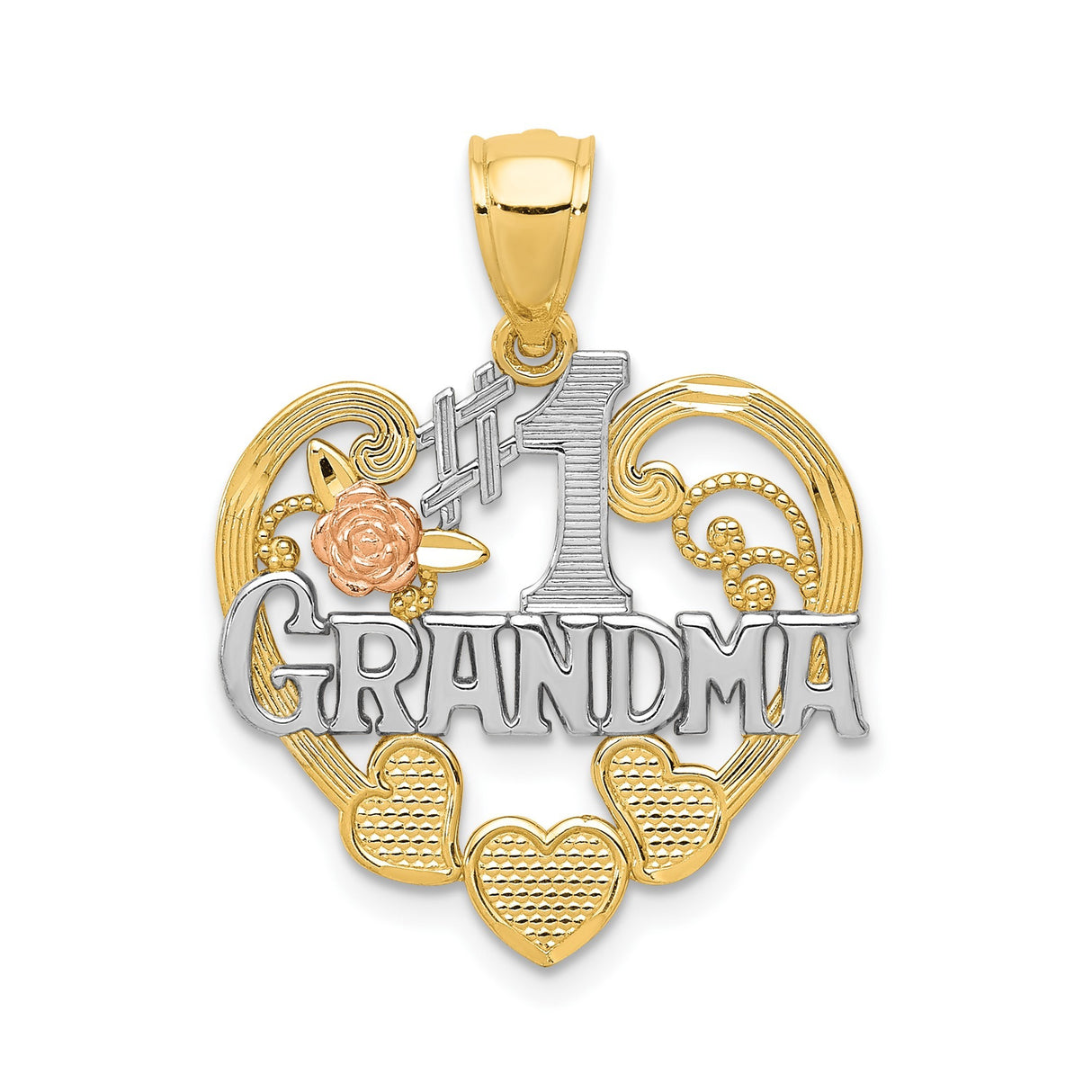 14k Two-Tone Gold Heart Pendant with Textured Accents, Rose Detail, and #1 Grandma Inscription