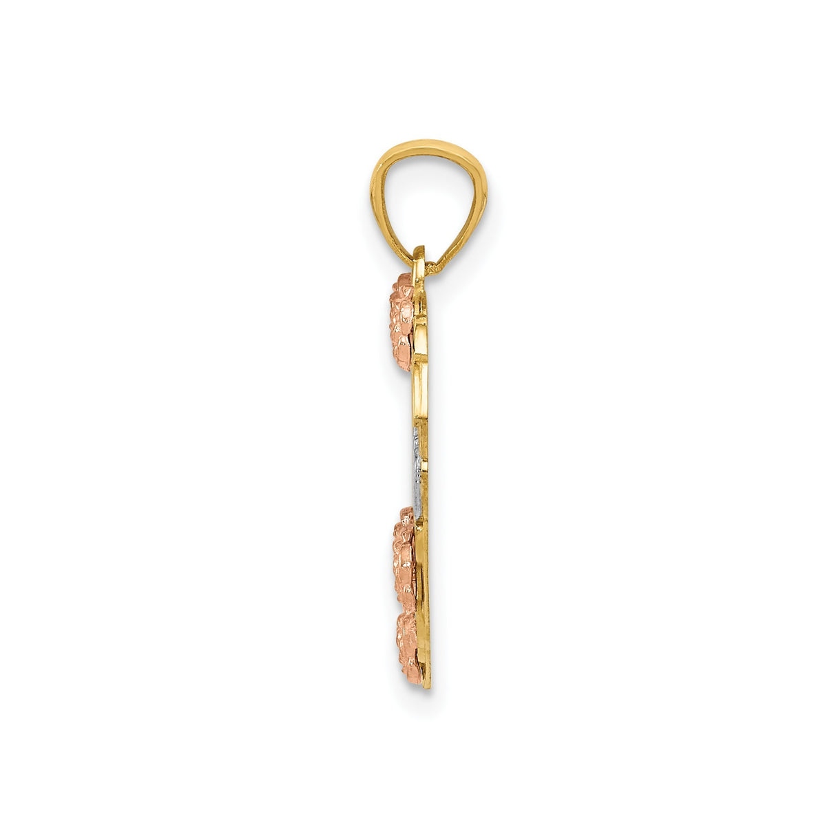 14k Two-Tone Gold Heart Pendant with Rose Gold Flowers and Yellow Gold Leaves, Sister Design
