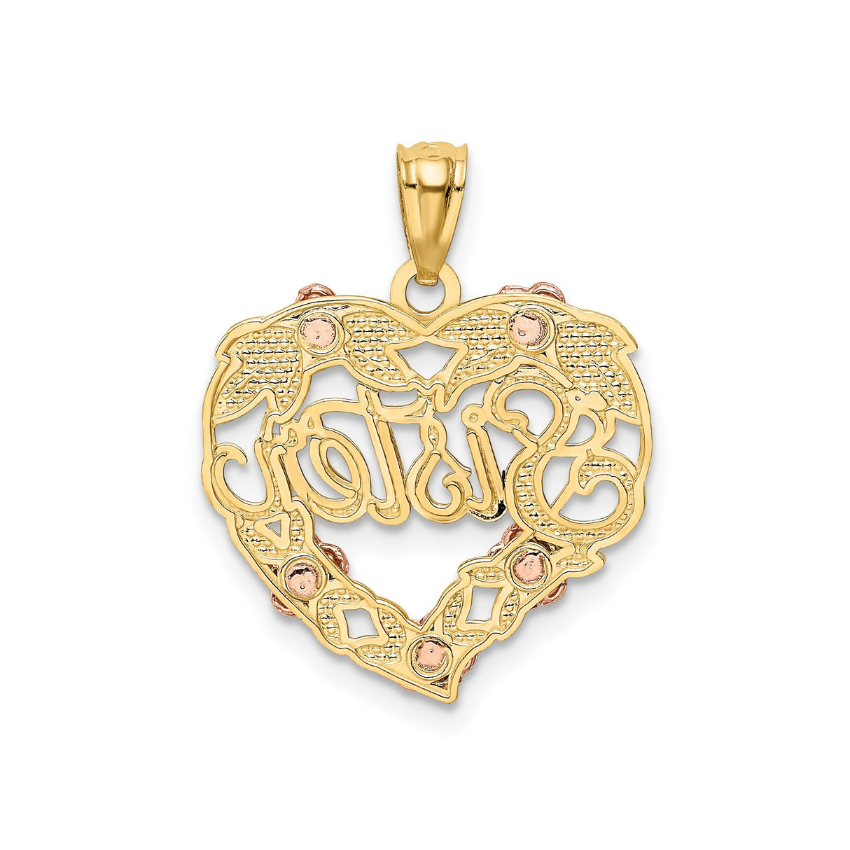 14k Two-Tone Gold Heart Pendant with Rose Gold Flowers and Yellow Gold Leaves, Sister Design