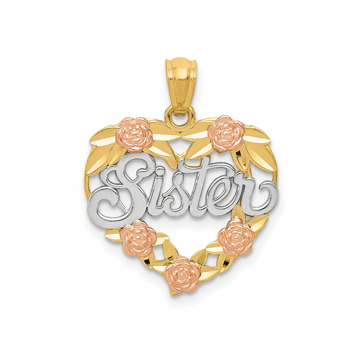 14k Two-Tone Gold Heart Pendant with Rose Gold Flowers and Yellow Gold Leaves, Sister Design