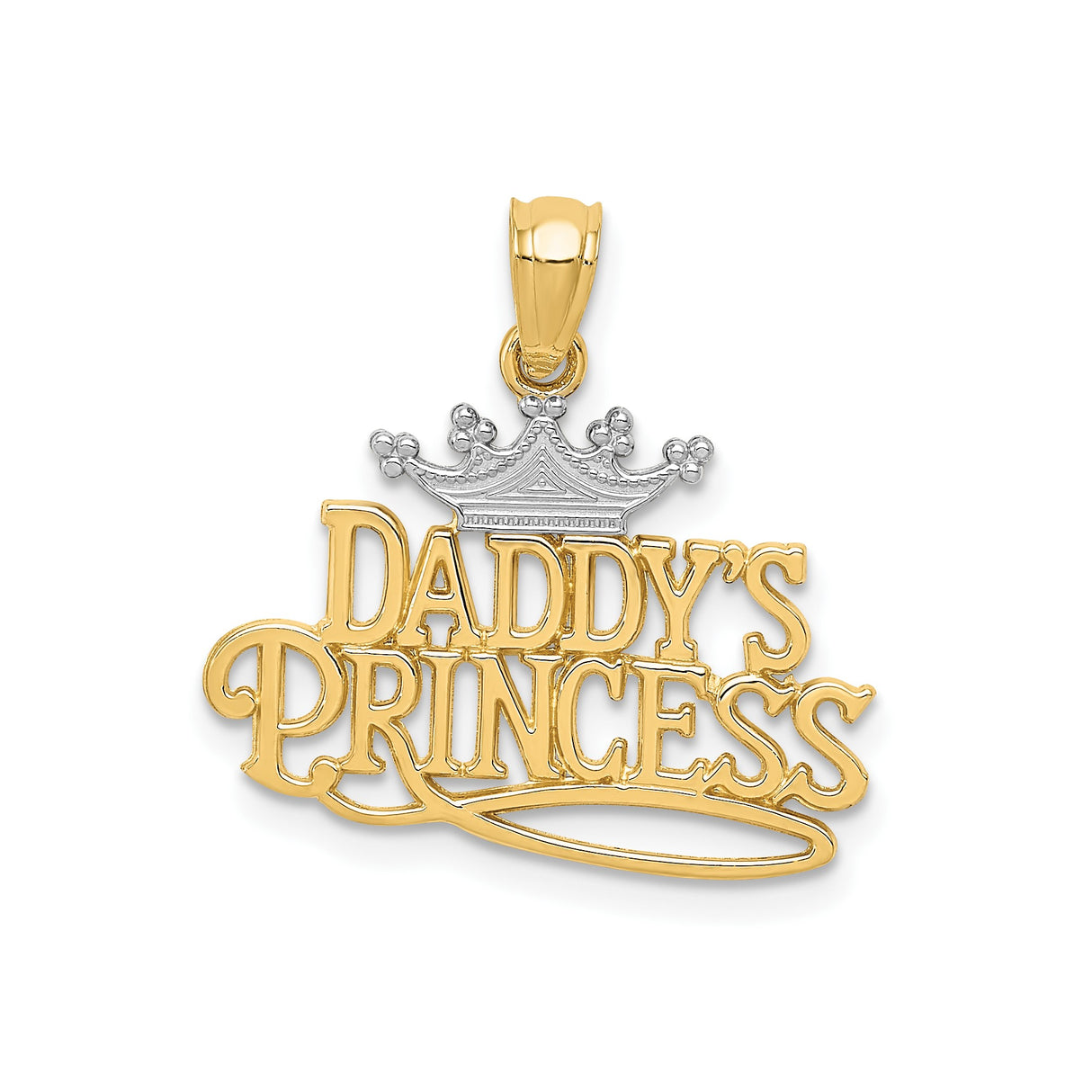 14k Yellow Gold and Rhodium Pendant, Daddys Princess Crown Script Two-Tone Charm