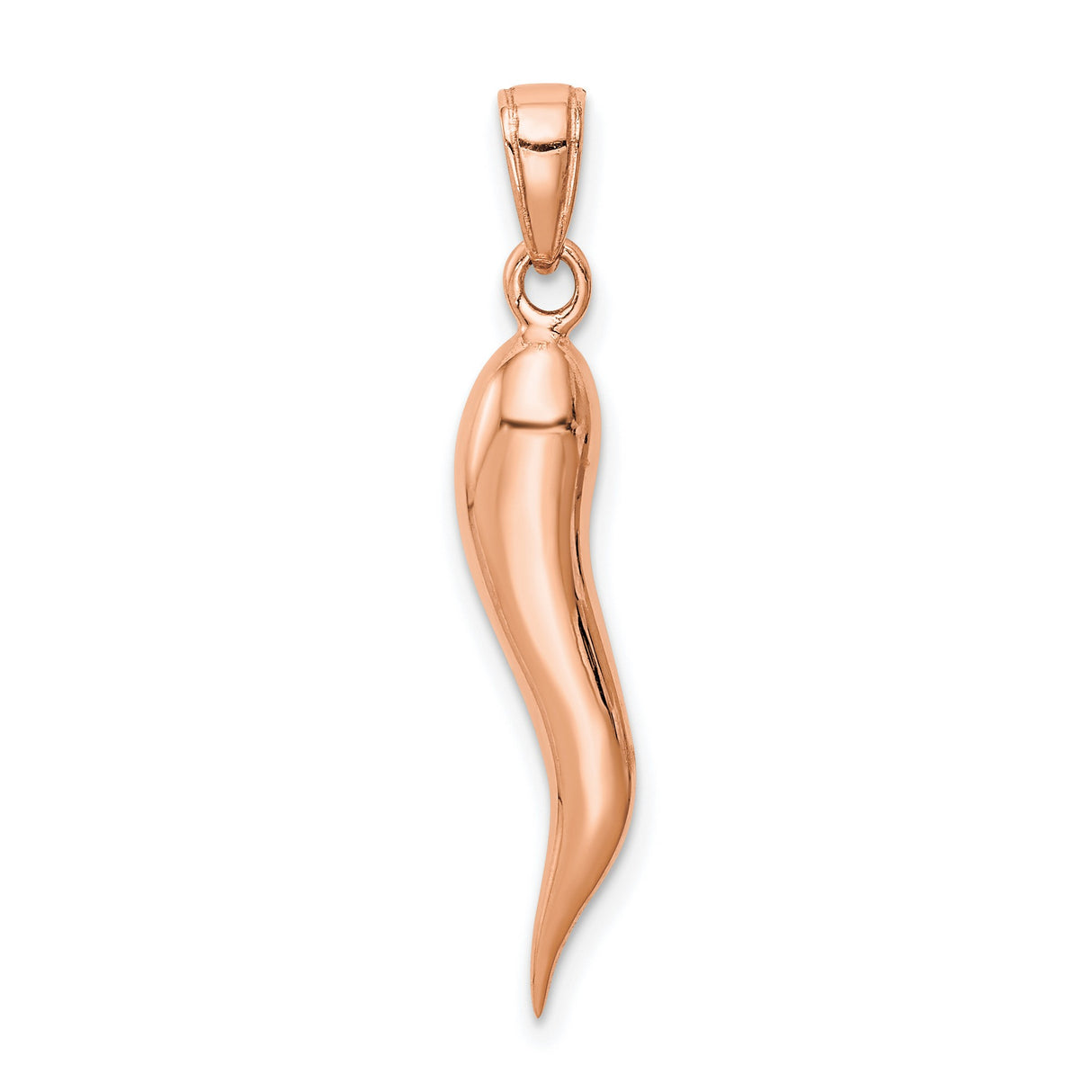 14k Rose Gold Italian Horn Pendant Charm, Polished Cornicello Amulet for Protection and Luck