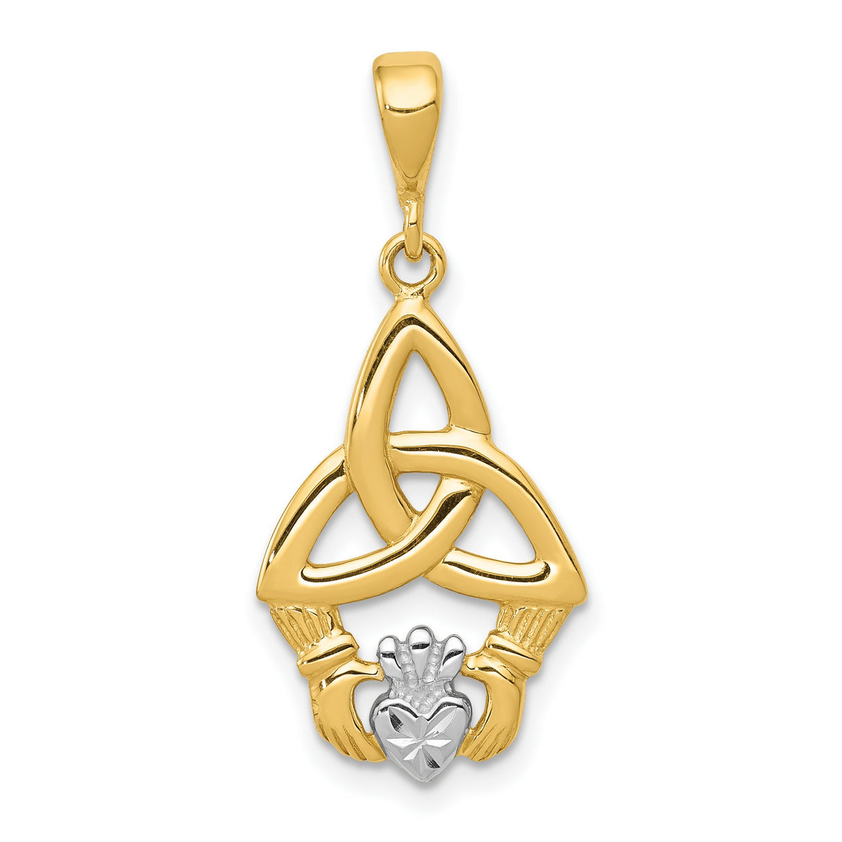 14k Yellow Gold and Rhodium Claddagh Pendant with Celtic Trinity Knot Design for Women