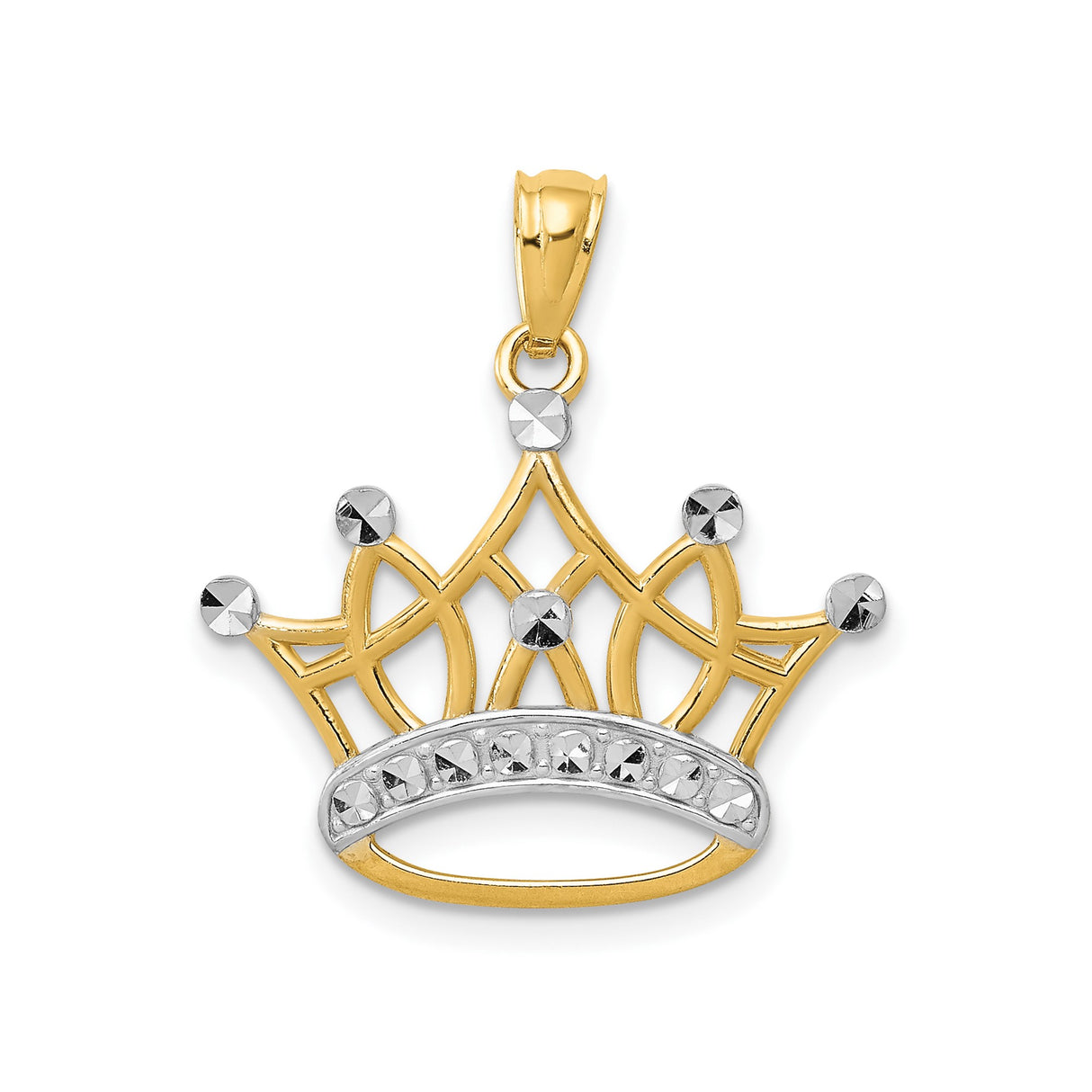14k Yellow Gold and Rhodium Crown Pendant with Diamond-Cut Accents, Two-Tone Regal Design