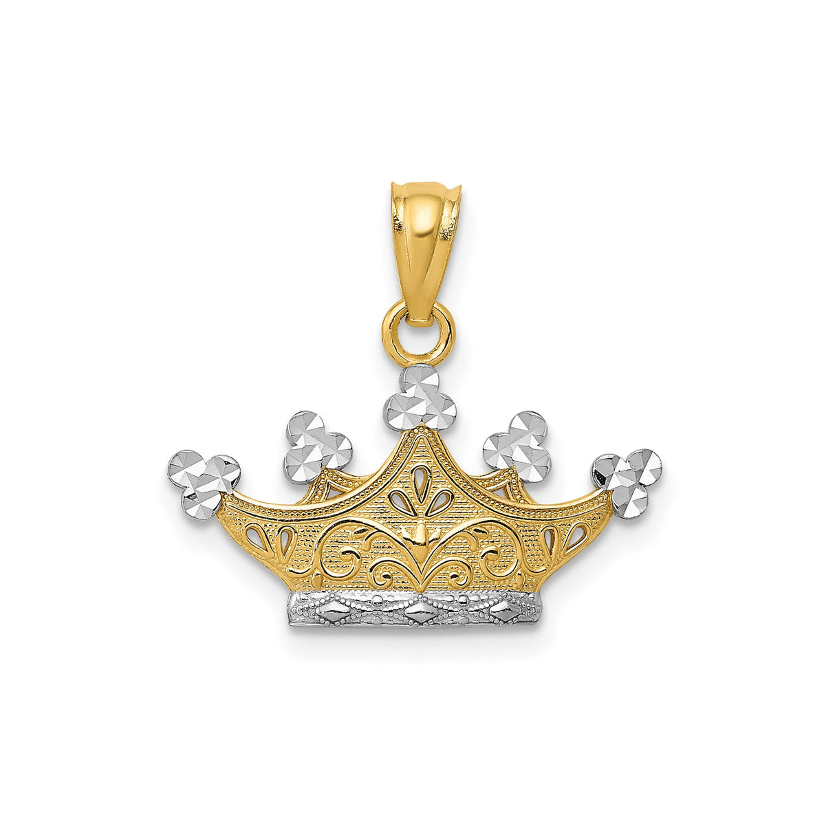 14k Two-Tone Gold Crown Pendant with Filigree Detailing and Diamond Cut Accents