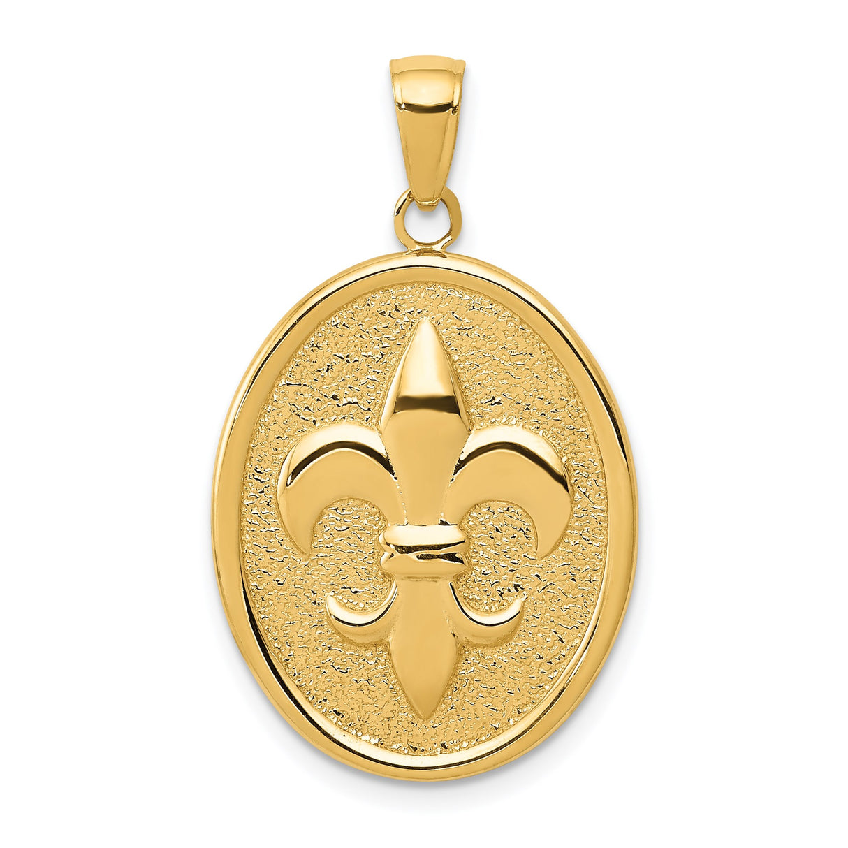 14k Yellow Gold Pendant, Raised Fleur-de-Lis on Polished Oval Medallion, French Heritage Charm