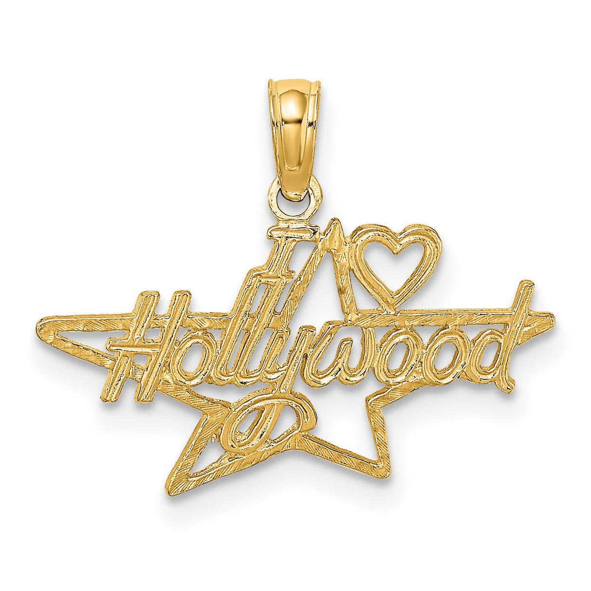 14k Yellow Gold Pendant, I Love Hollywood Star Design, Unisex Pop Culture Charm
