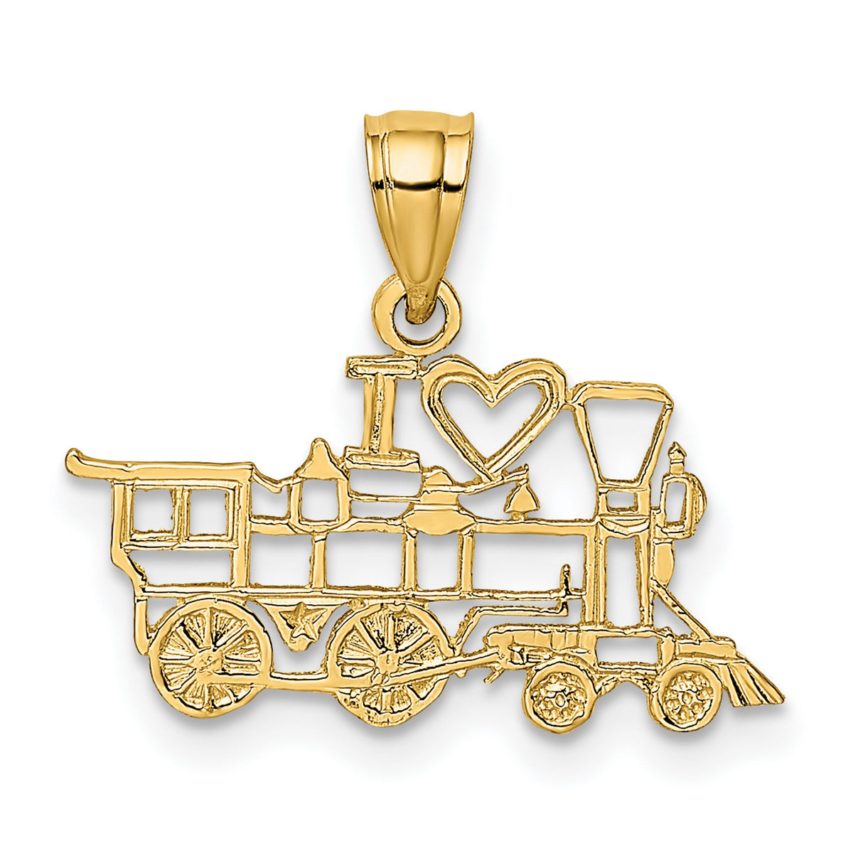 14k Yellow Gold Locomotive Pendant Charm with Heart Symbol, Vintage Train Theme Jewelry