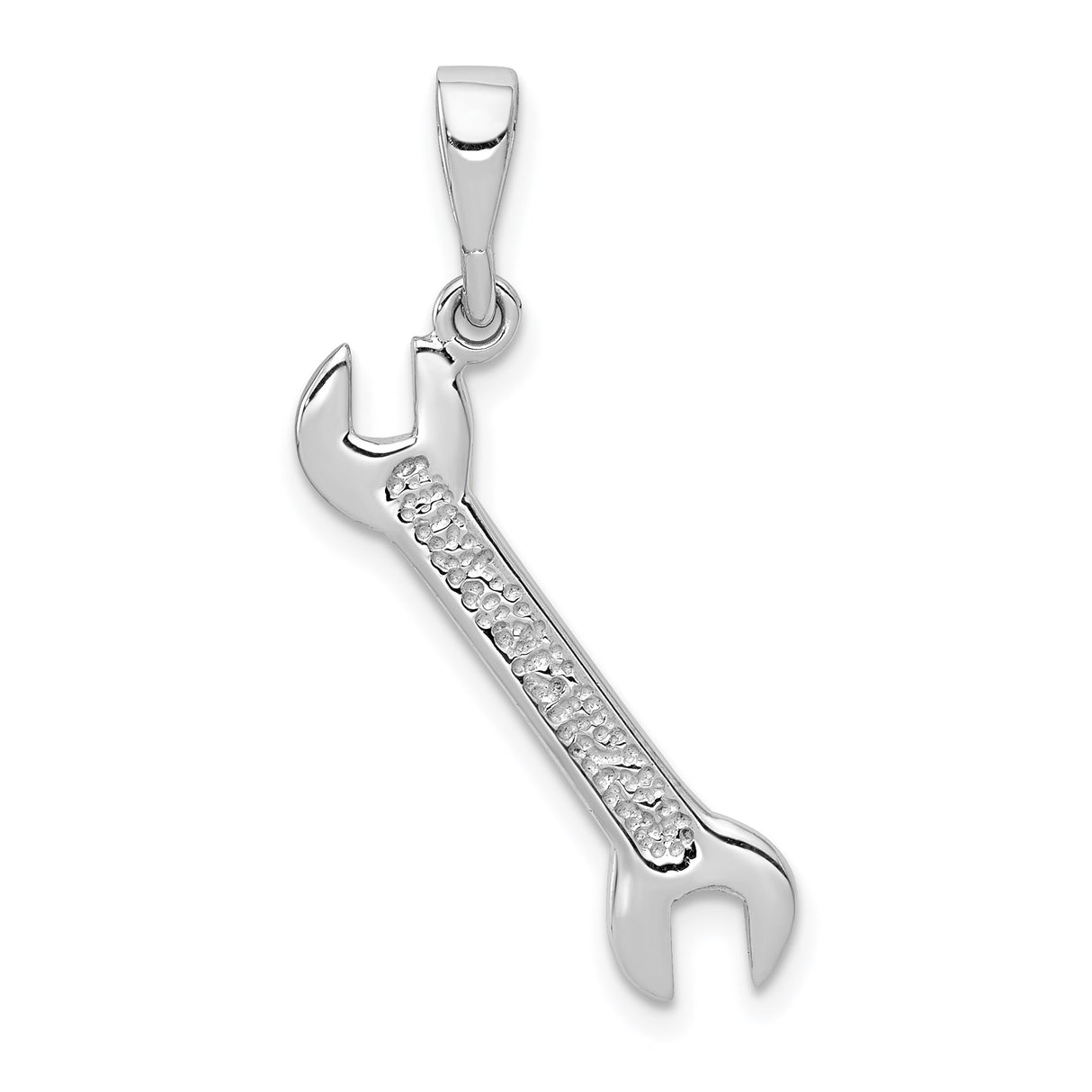 14k White Gold Wrench Pendant, Polished Spanner Design with Textured Details for Men or Unisex