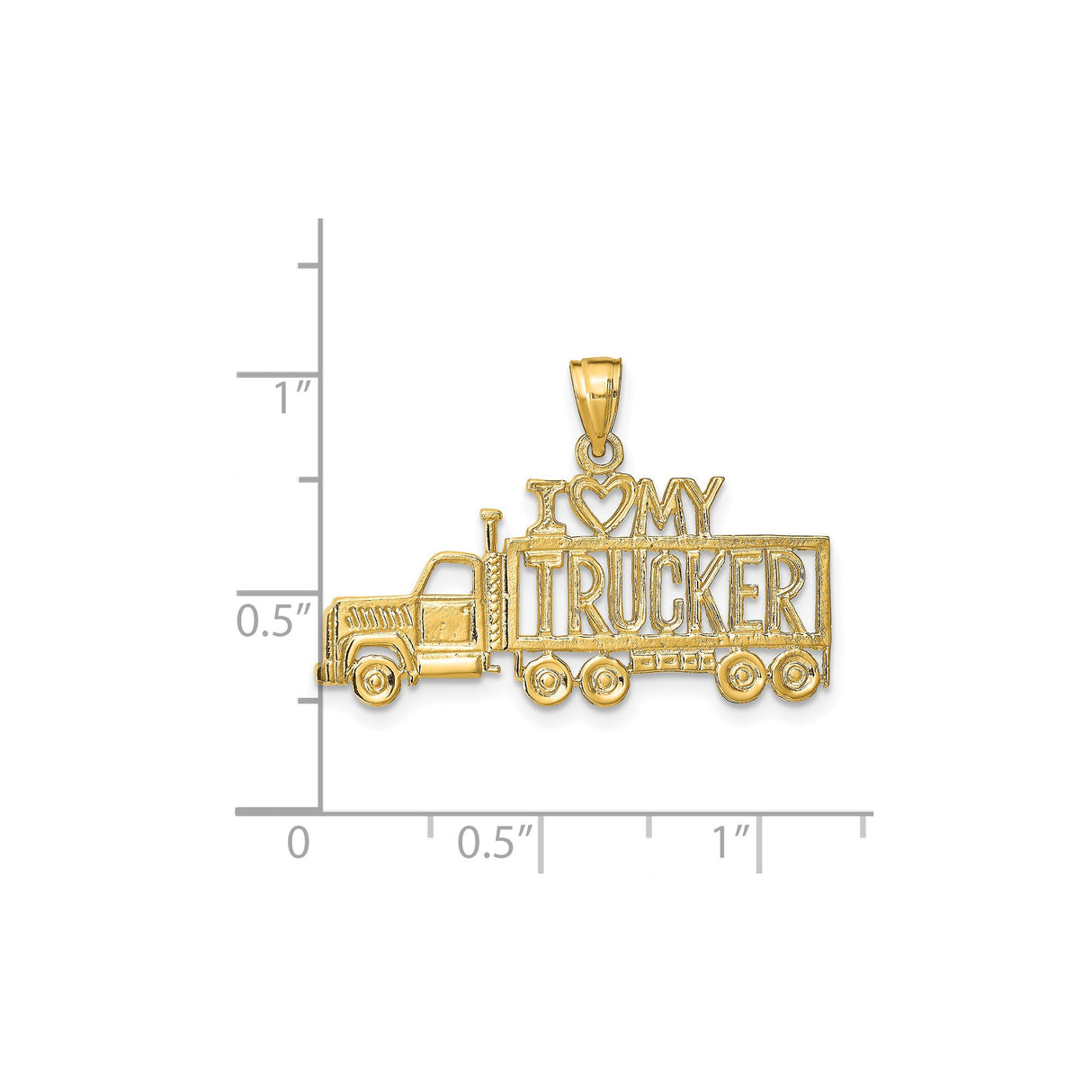 14k Yellow Gold Truck Pendant, Semi Truck Charm with I Heart My Trucker Design