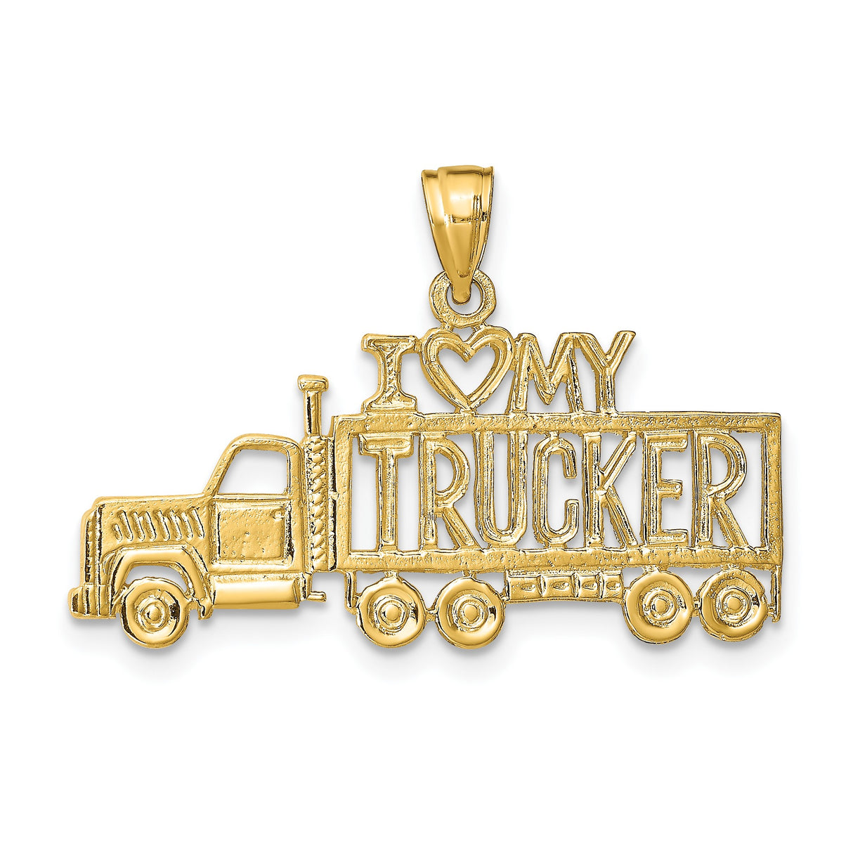 14k Yellow Gold Truck Pendant, Semi Truck Charm with I Heart My Trucker Design