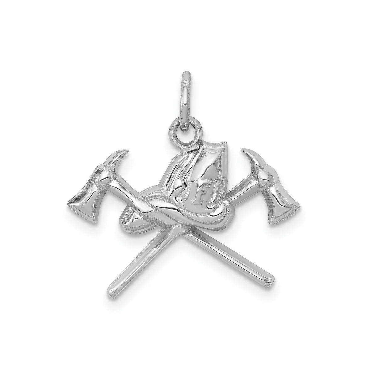 14k White Gold Firefighter Pendant with FD Helmet, Crossed Axes, Flames, Valor and Honor Theme