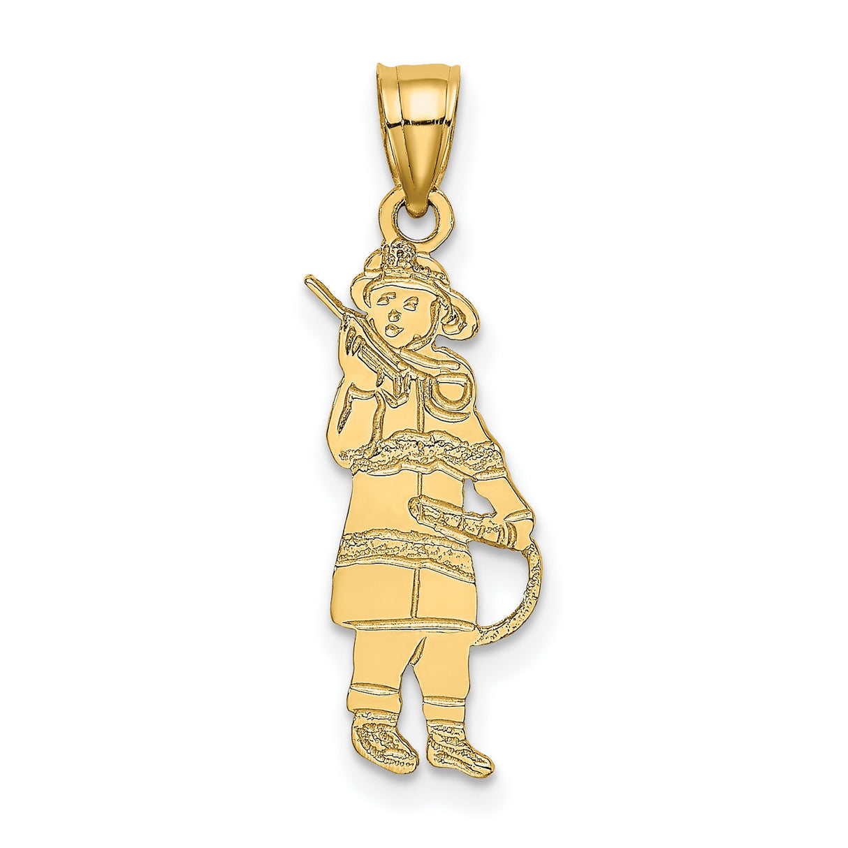14k Yellow Gold Firefighter Pendant with Helmet and Hose, Heroic Fireman Charm