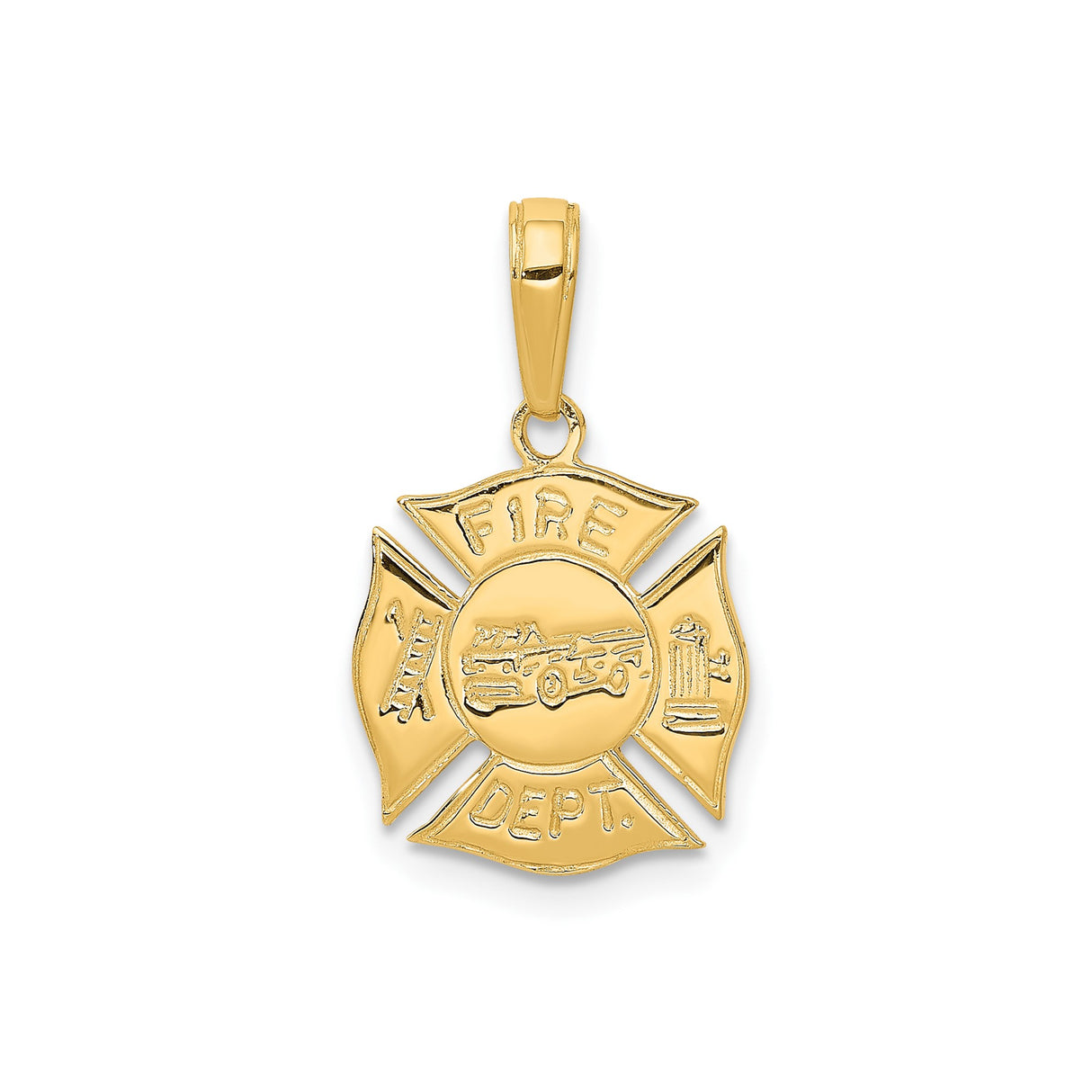 14k Yellow Gold Fire Department Pendant with Maltese Cross, Fire Truck, Ladder, and Hydrant Symbols