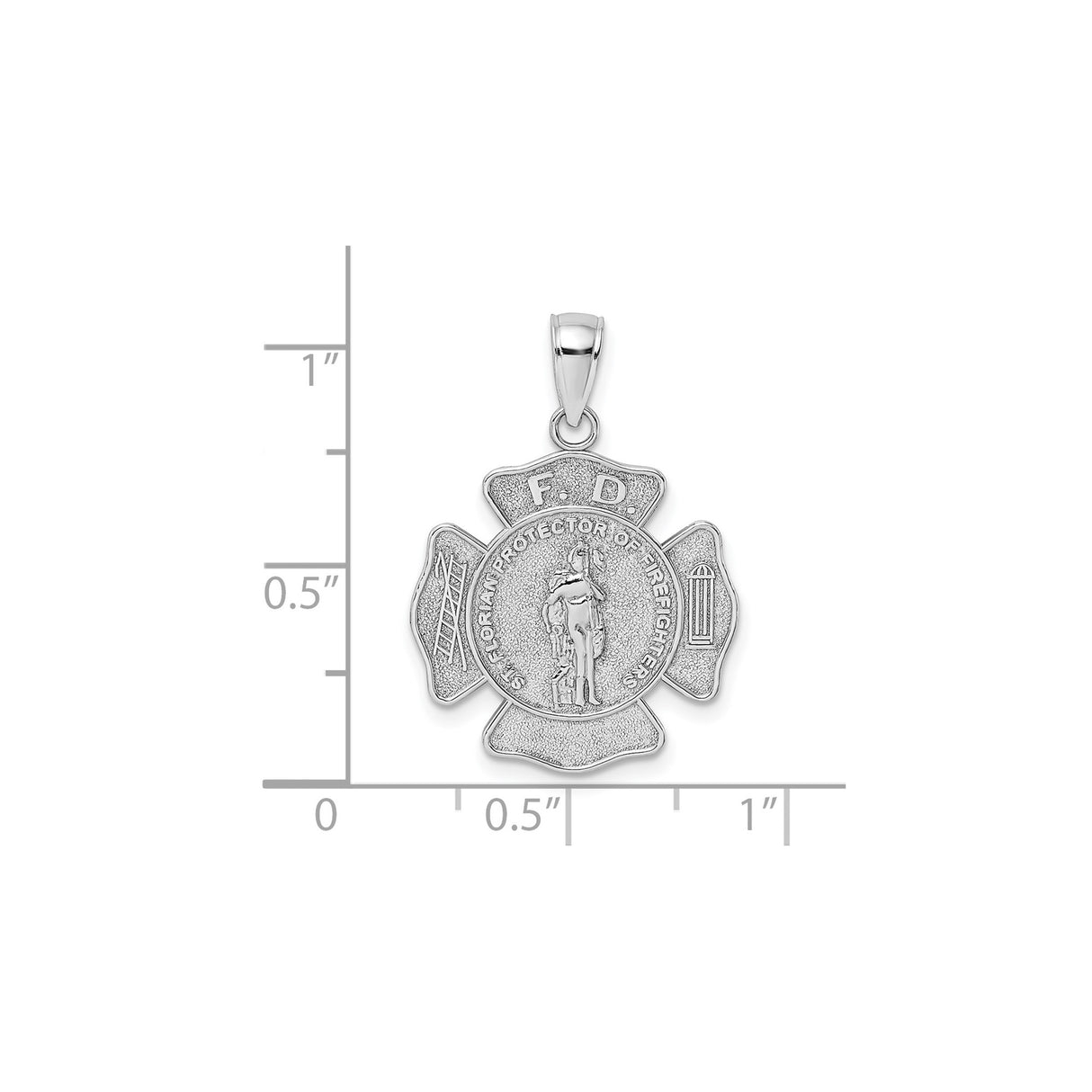 14k White Gold Saint Florian Firefighter Pendant with FD Initials and Symbols for Men