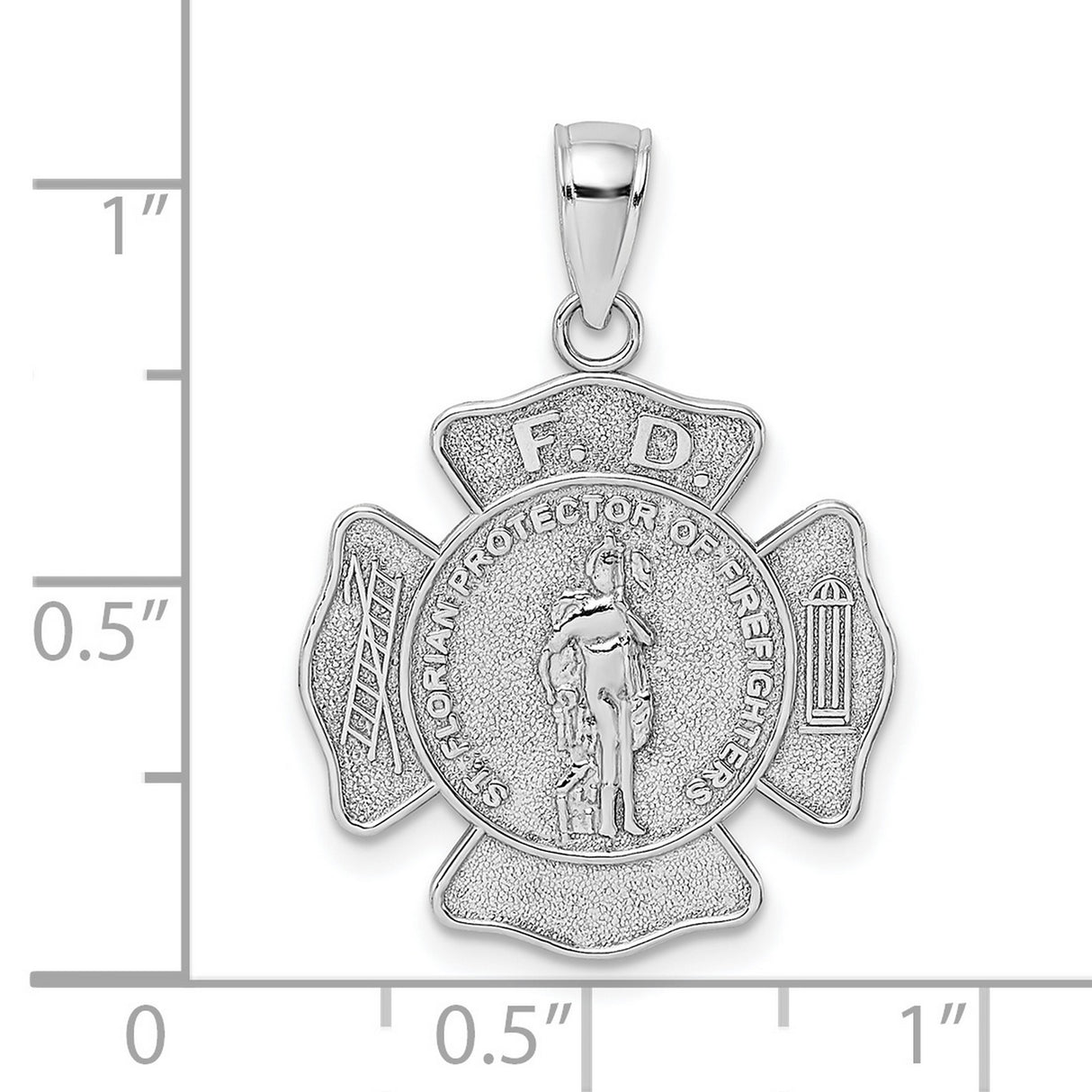 Saint Florian Protector Of Firefighters Words On Penny Size Badge Charm Pendant in Real 14k White Gold