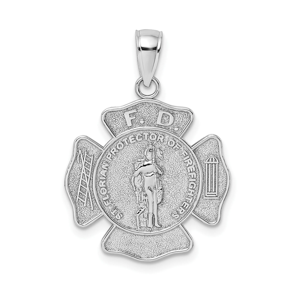 14k White Gold Saint Florian Firefighter Pendant with FD Initials and Symbols for Men