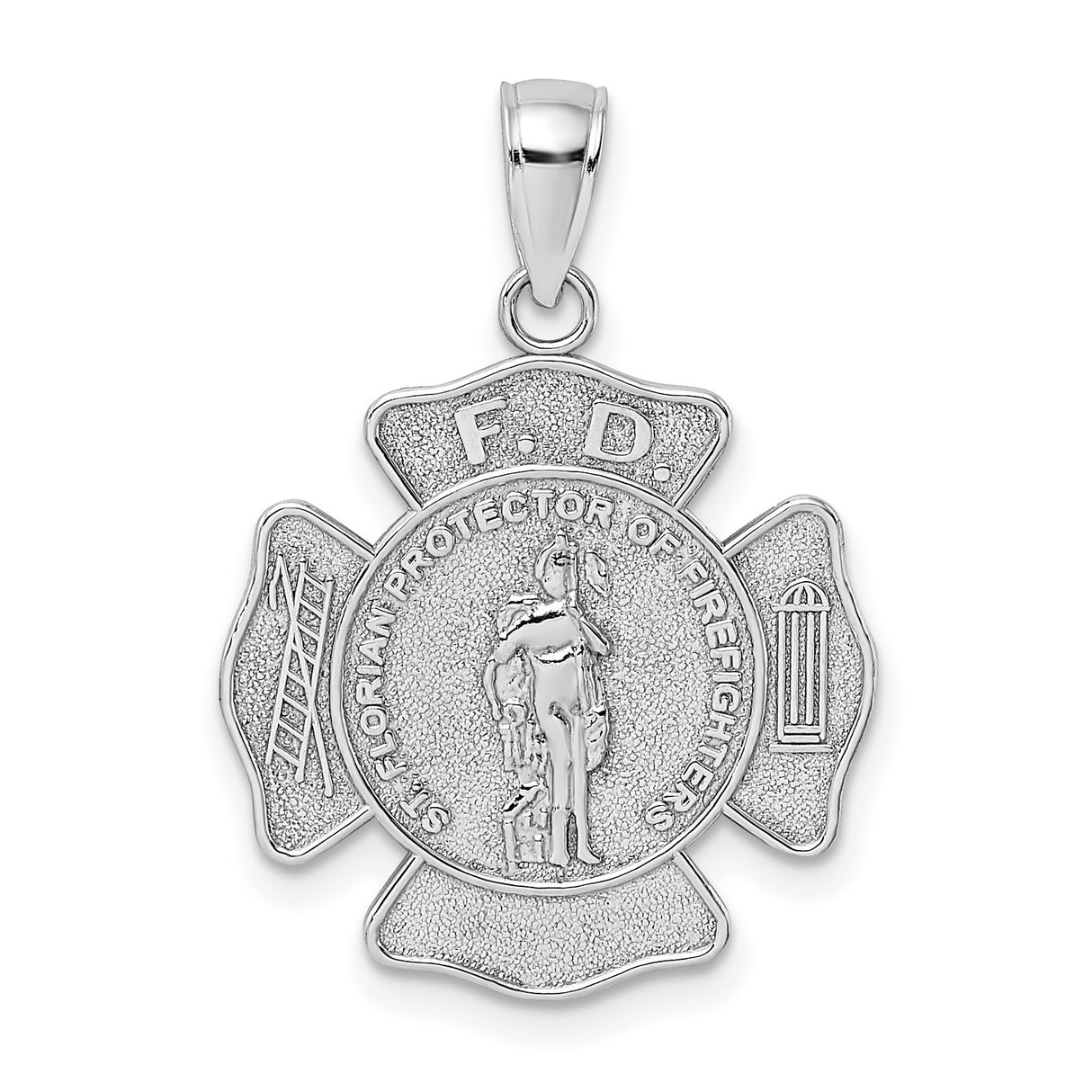 Saint Florian Protector Of Firefighters Words On Penny Size Badge Charm Pendant in Real 14k White Gold