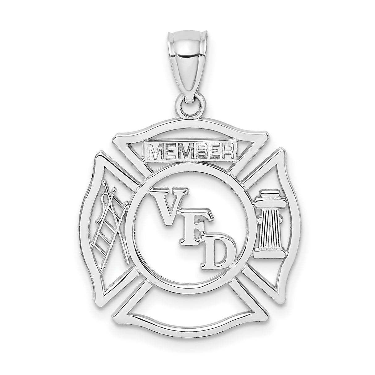 14k White Gold Firefighter Maltese Cross Pendant with Ladder and Hydrant