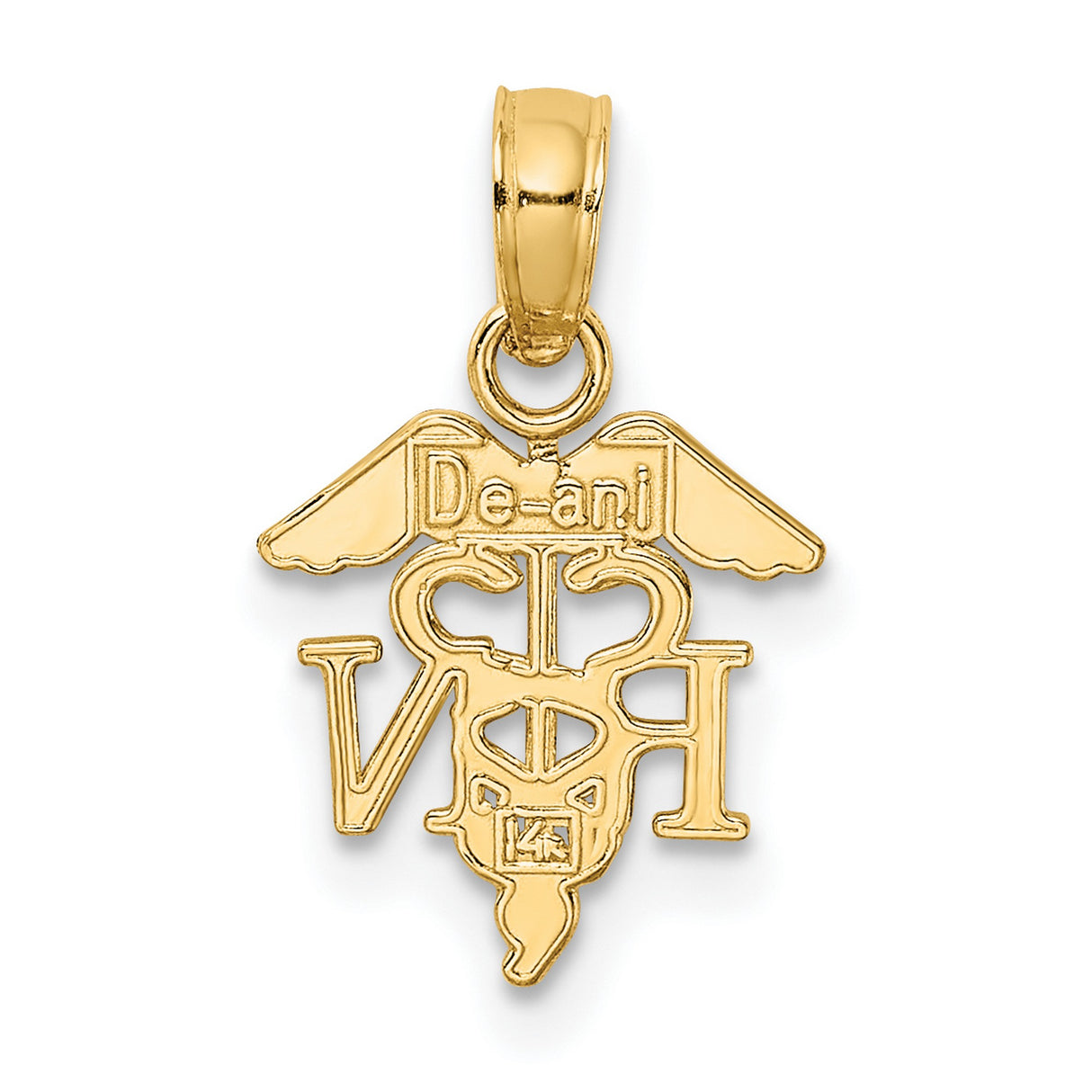 14k Yellow Gold RN Pendant with Caduceus Symbol, Registered Nurse Medallion for Healthcare Professionals