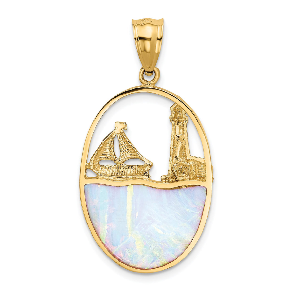 14k Yellow Gold Pendant with Opal, Nautical Lighthouse and Sailboat Design