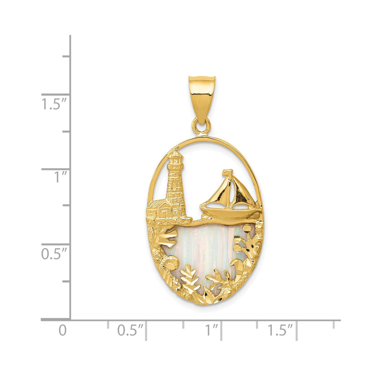 14k Yellow Gold Pendant with Opal, Nautical Lighthouse and Sailboat Design