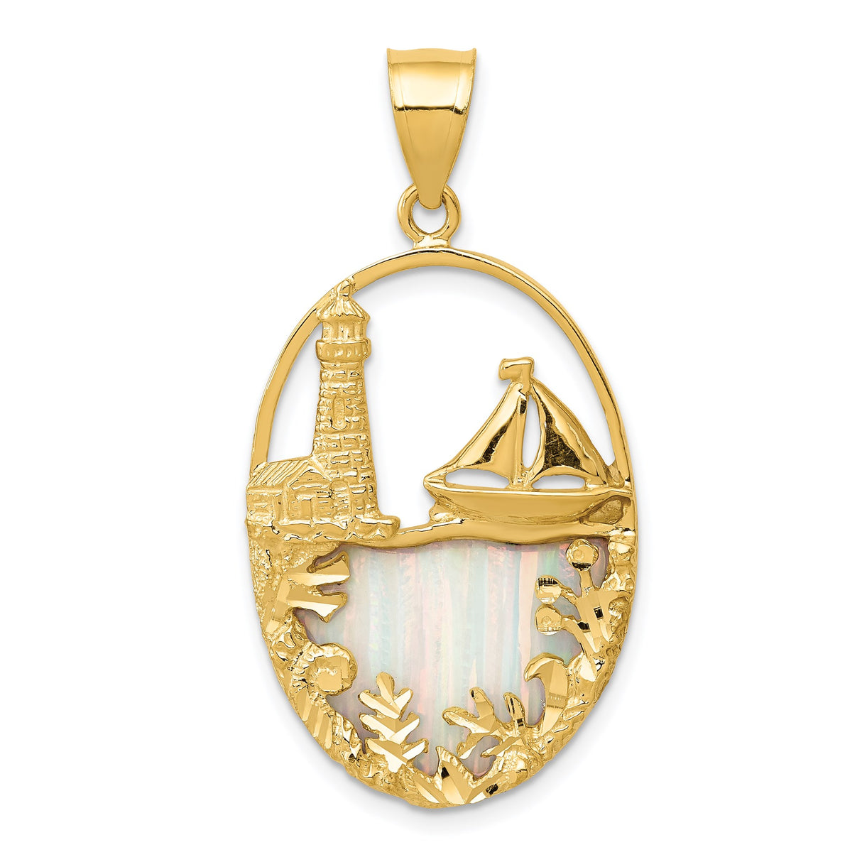 14k Yellow Gold Pendant with Opal, Nautical Lighthouse and Sailboat Design