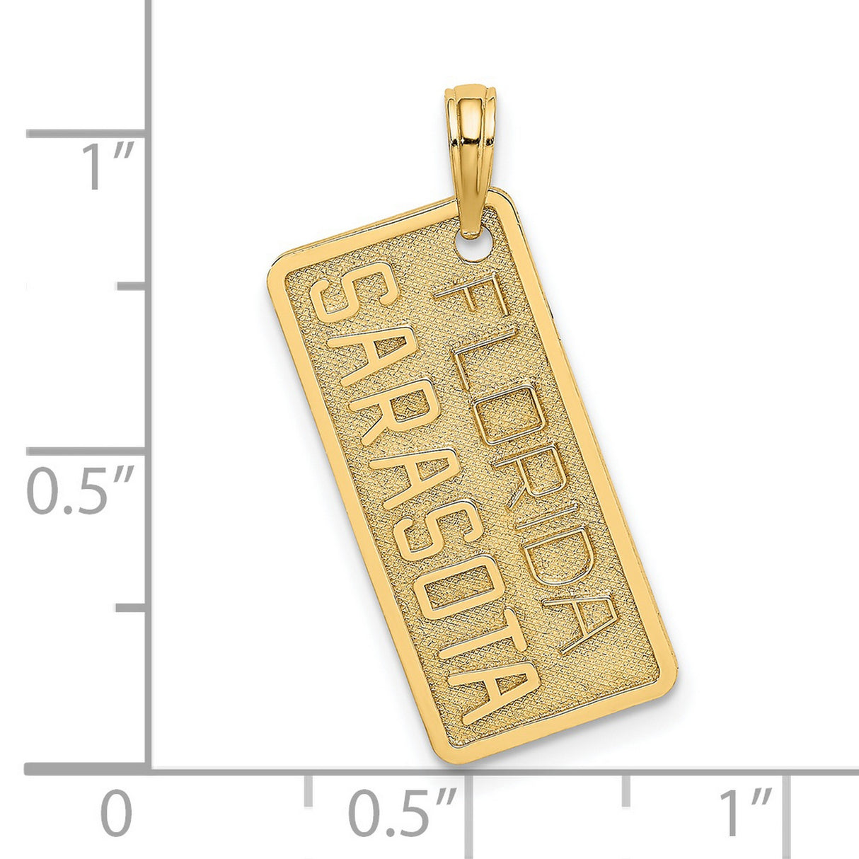 14k Yellow Gold Sarasota Florida Pendant, Embossed Rectangle Travel Charm for Women or Unisex Wear