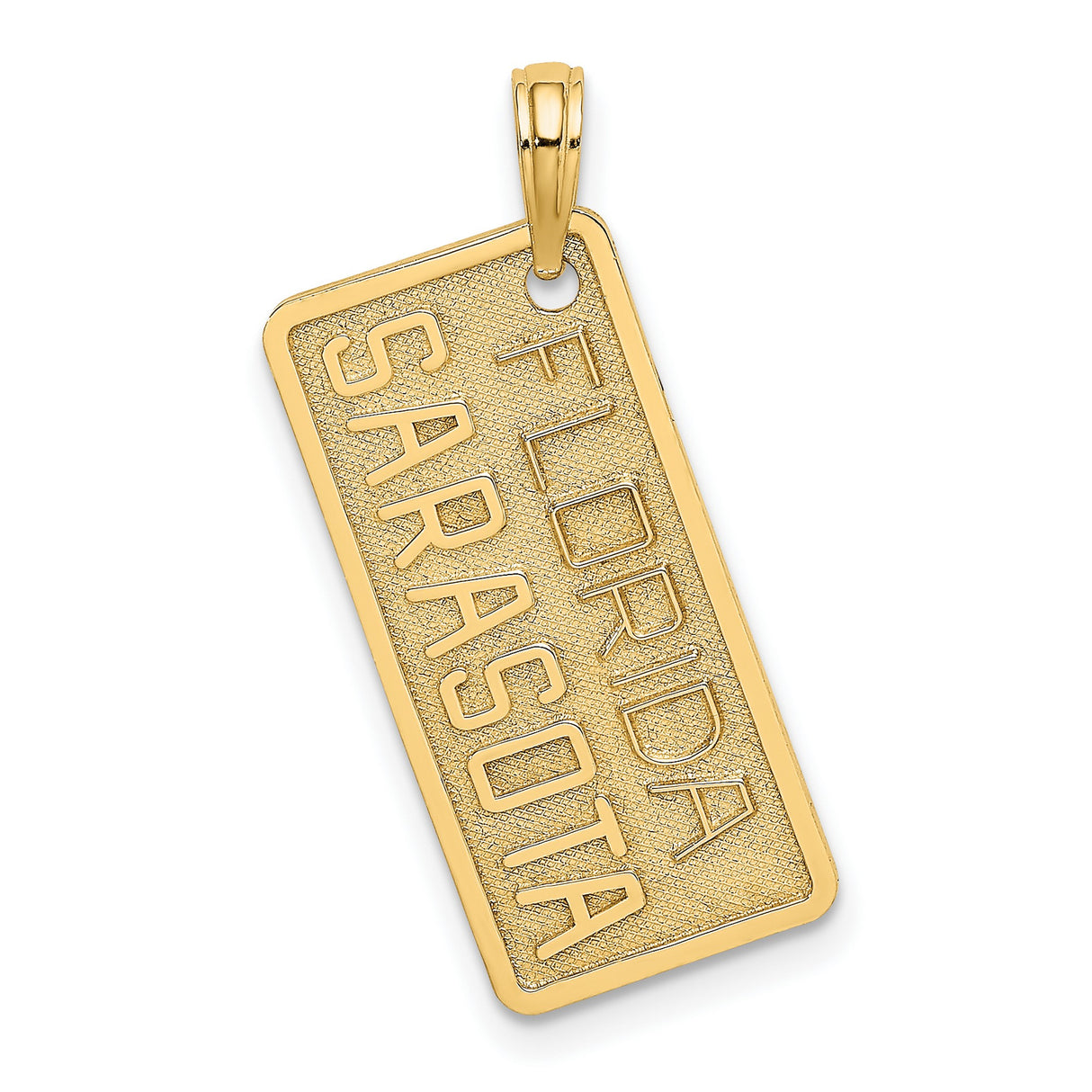 14k Yellow Gold Sarasota Florida Pendant, Embossed Rectangle Travel Charm for Women or Unisex Wear