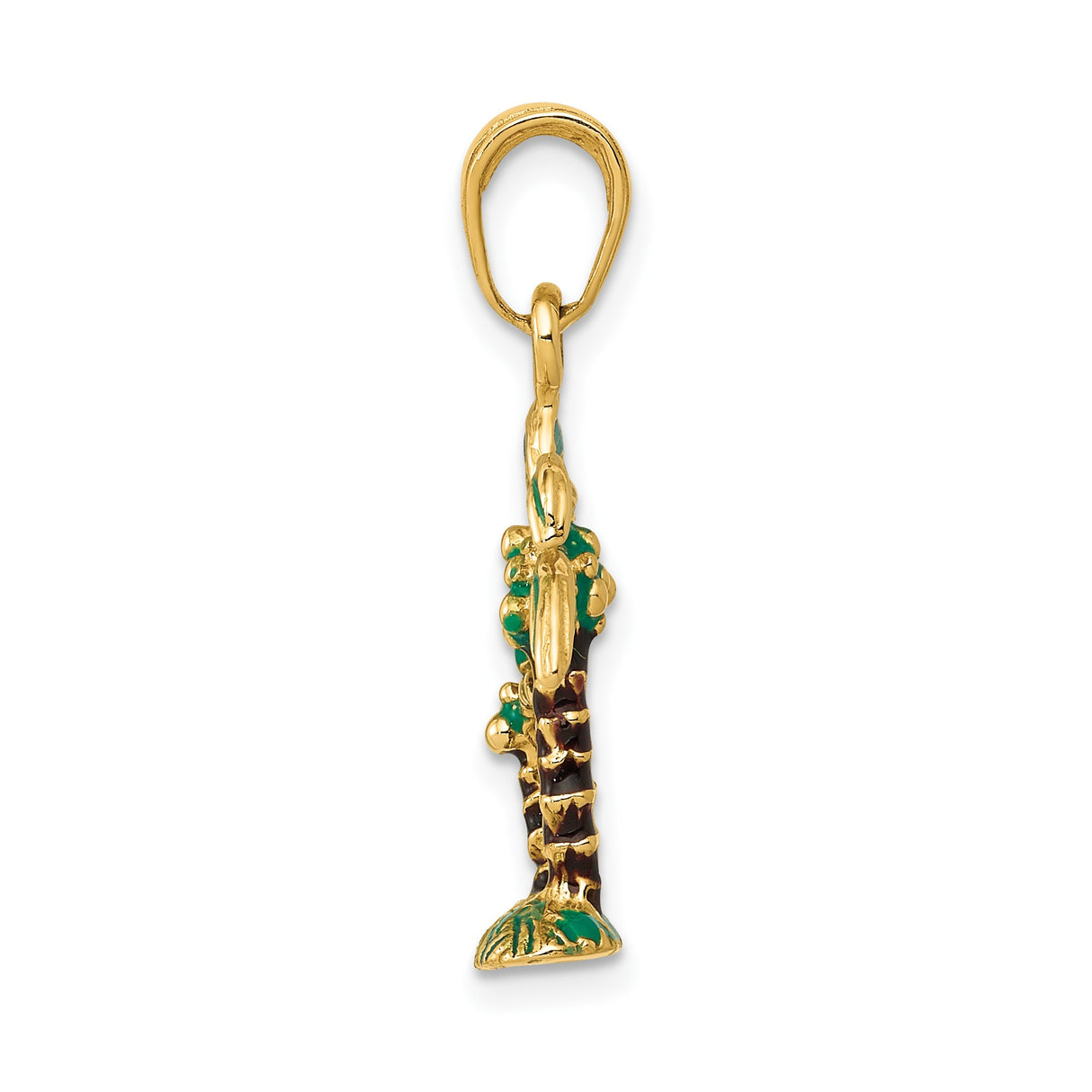 14k Yellow Gold Palm Tree Pendant with Green Enamel Accents, Tropical Vacation Jewelry