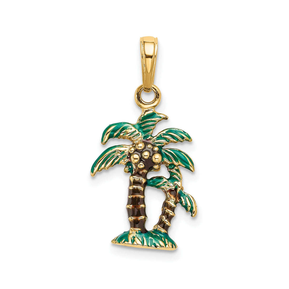 14k Yellow Gold Palm Tree Pendant with Green Enamel Accents, Tropical Vacation Jewelry
