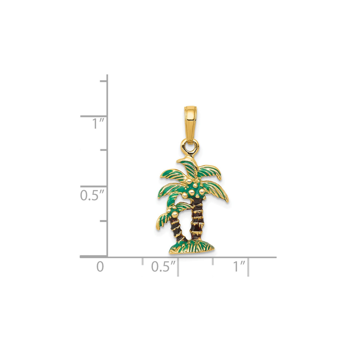 14k Yellow Gold Palm Tree Pendant with Green Enamel Accents, Tropical Vacation Jewelry