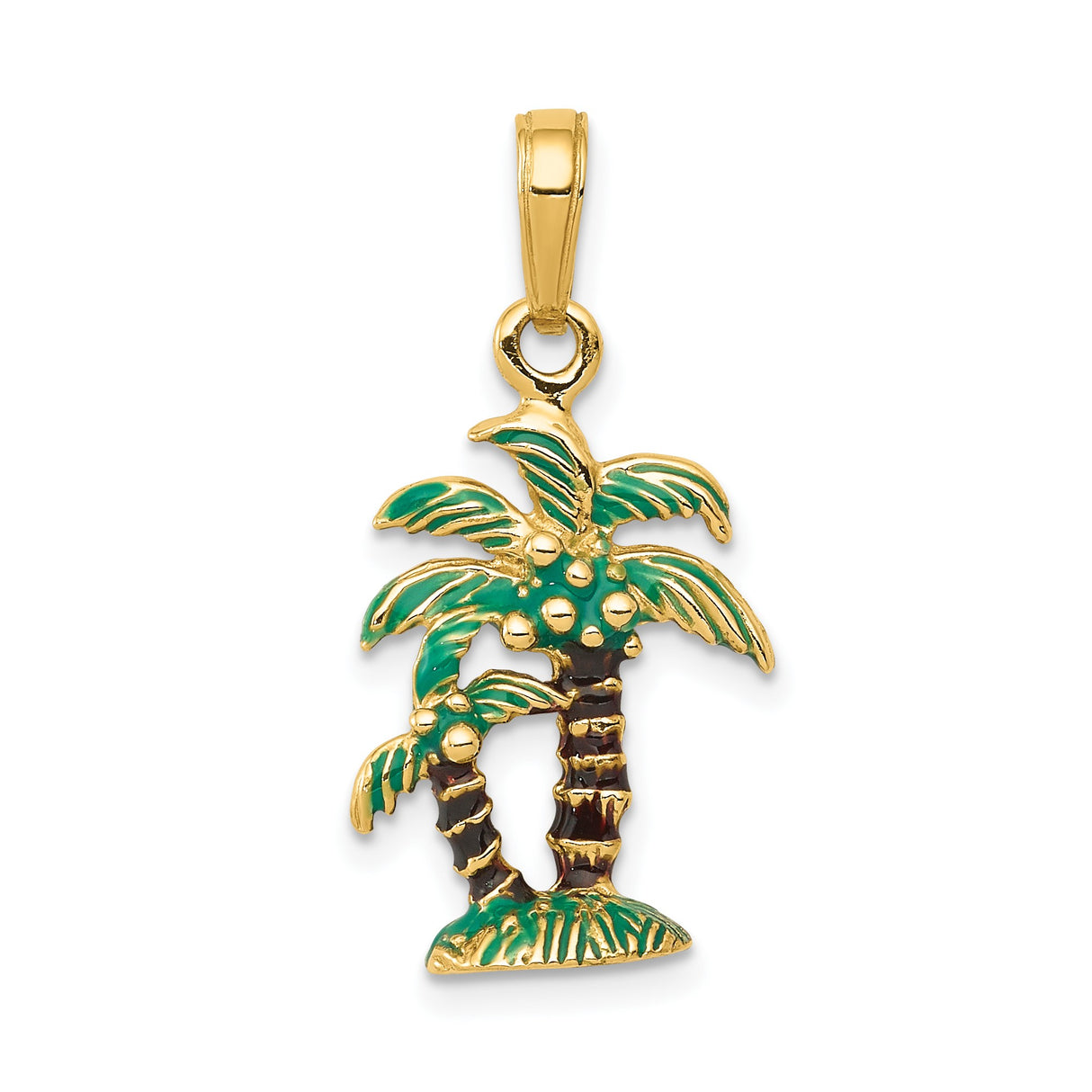 14k Yellow Gold Palm Tree Pendant with Green Enamel Accents, Tropical Vacation Jewelry