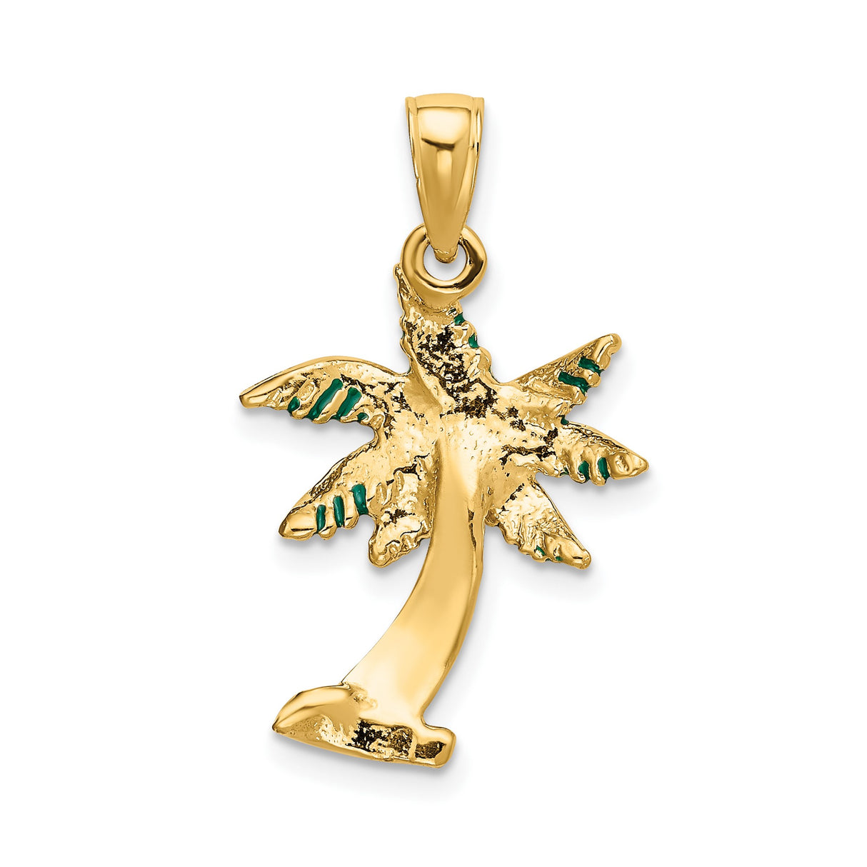 14k Yellow Gold Palm Tree Pendant with Green Enamel, Tropical Island Style Charm