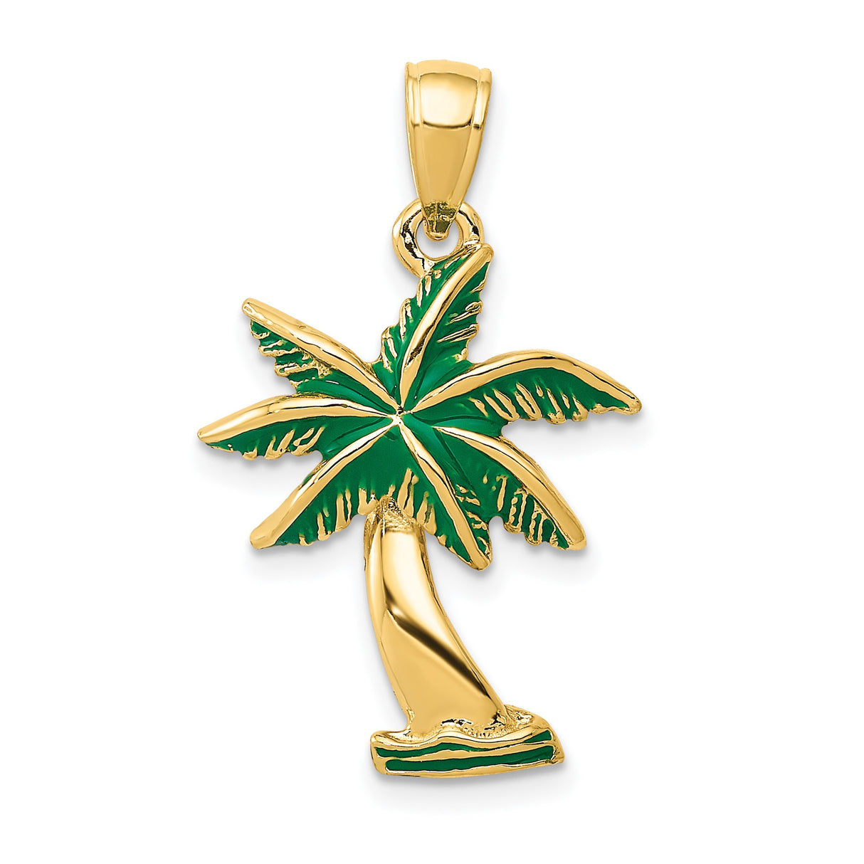 14k Yellow Gold Palm Tree Pendant with Green Enamel, Tropical Island Style Charm