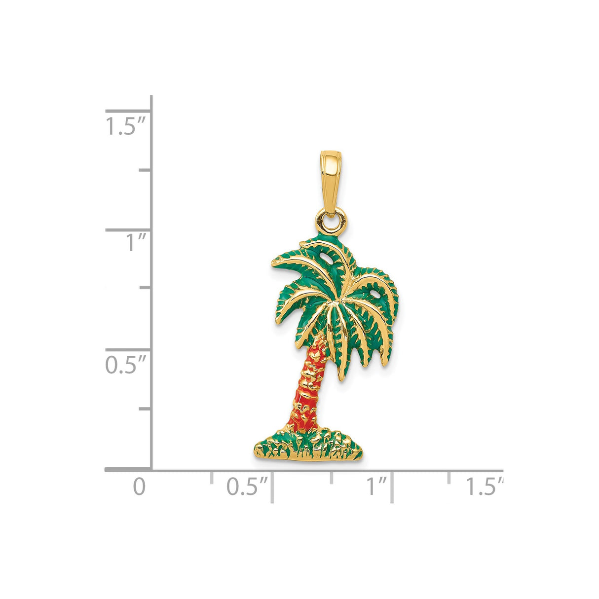 14k Yellow Gold Palm Tree Pendant with Green and Red Enamel, Tropical Beach Charm