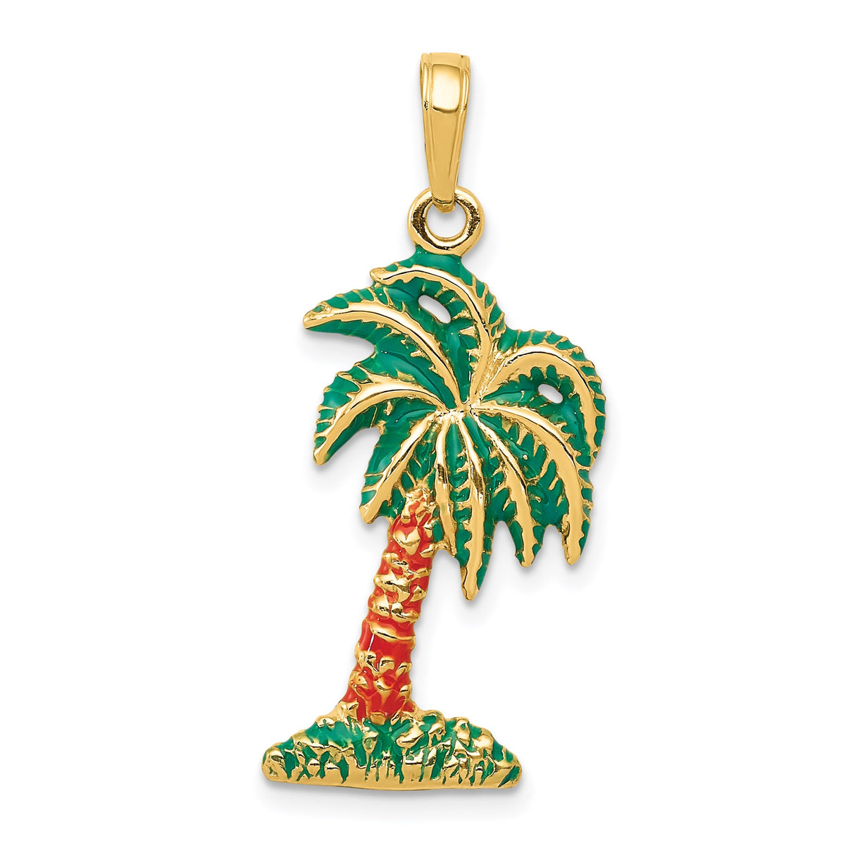 14k Yellow Gold Palm Tree Pendant with Green and Red Enamel, Tropical Beach Charm