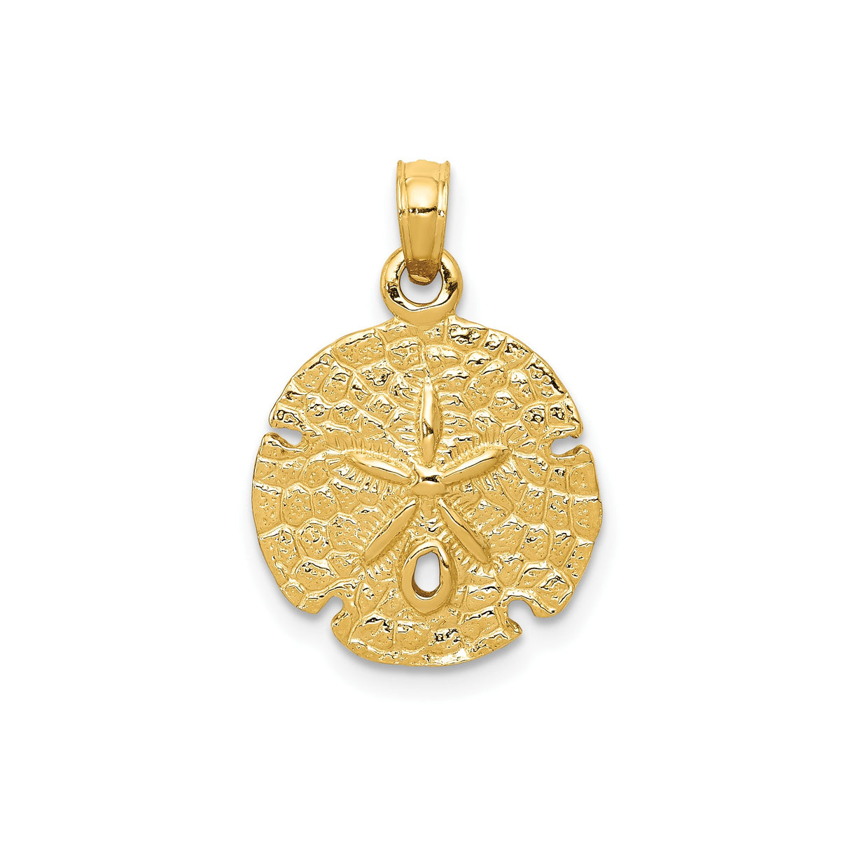 14k Yellow Gold Sand Dollar Pendant with Textured Finish and Star Center Design