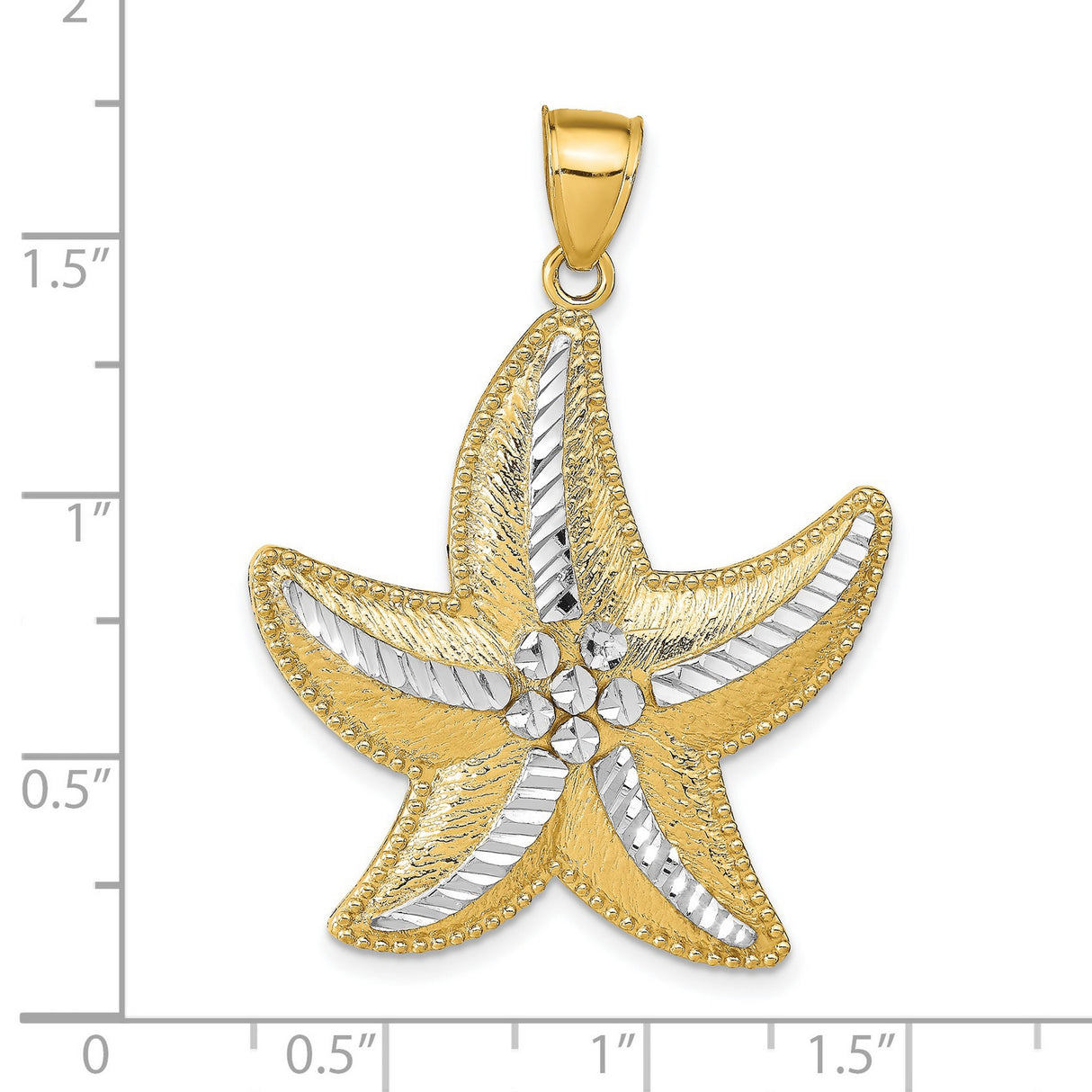 14k Yellow and Rhodium Gold Starfish Pendant, Textured Diamond Cut Two-Tone Nautical Charm